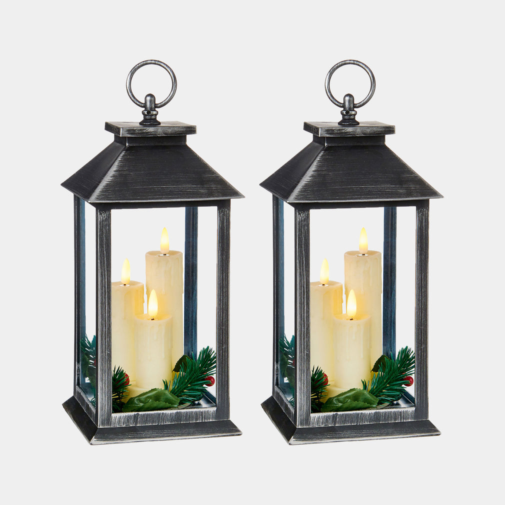 Silver LED Christmas Lanterns & Flickering Candles - Set of 2 Indoor Festive Decoration