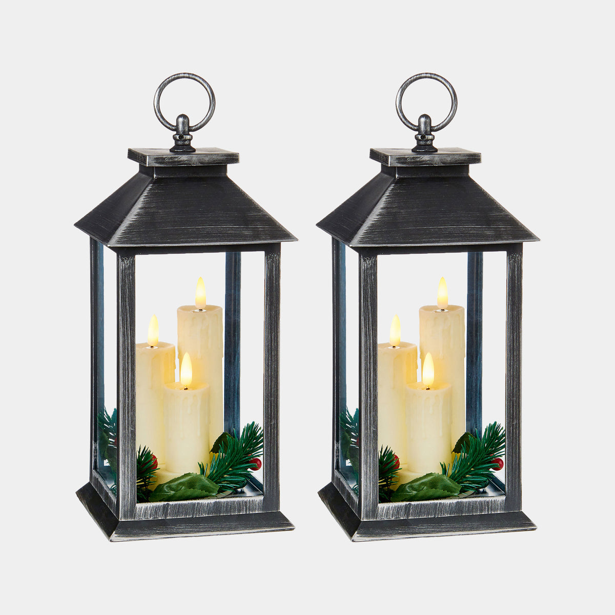 Silver LED Christmas Lanterns & Flickering Candles - Set of 2 Indoor Festive Decoration