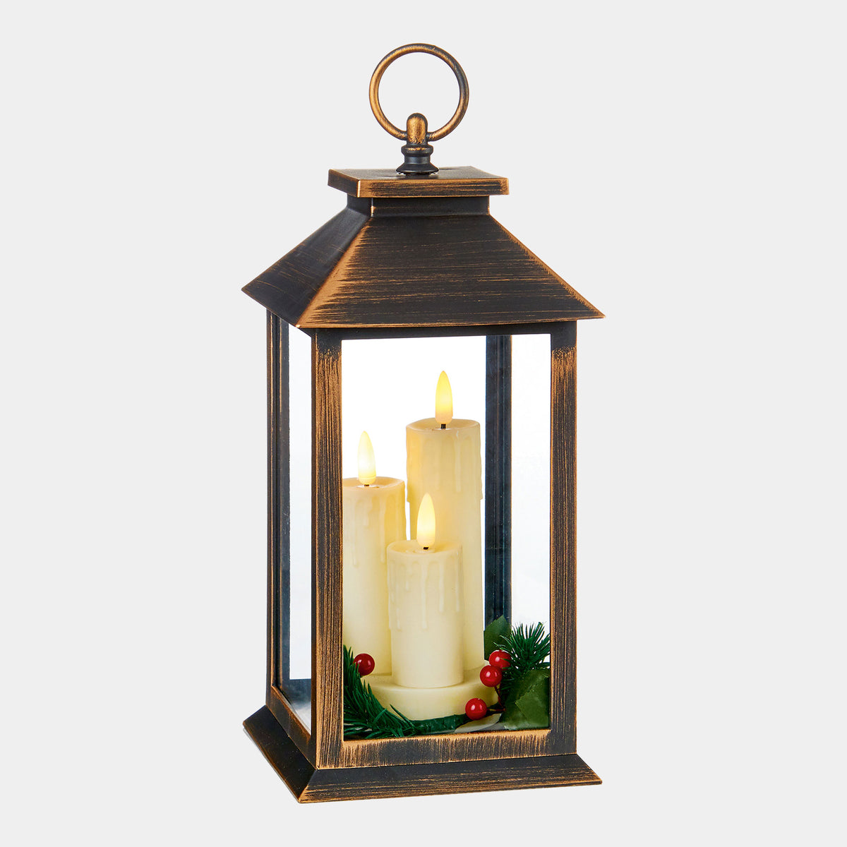Bronze LED Christmas Lanterns & Flickering Candles - Set of 2 Indoor Festive Decorations