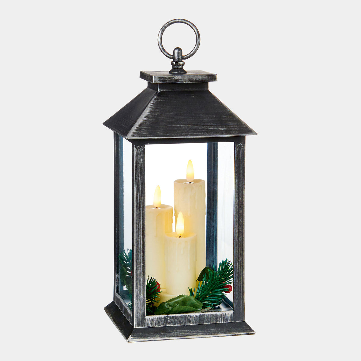 Silver LED Christmas Lanterns & Flickering Candles - Set of 2 Indoor Festive Decoration