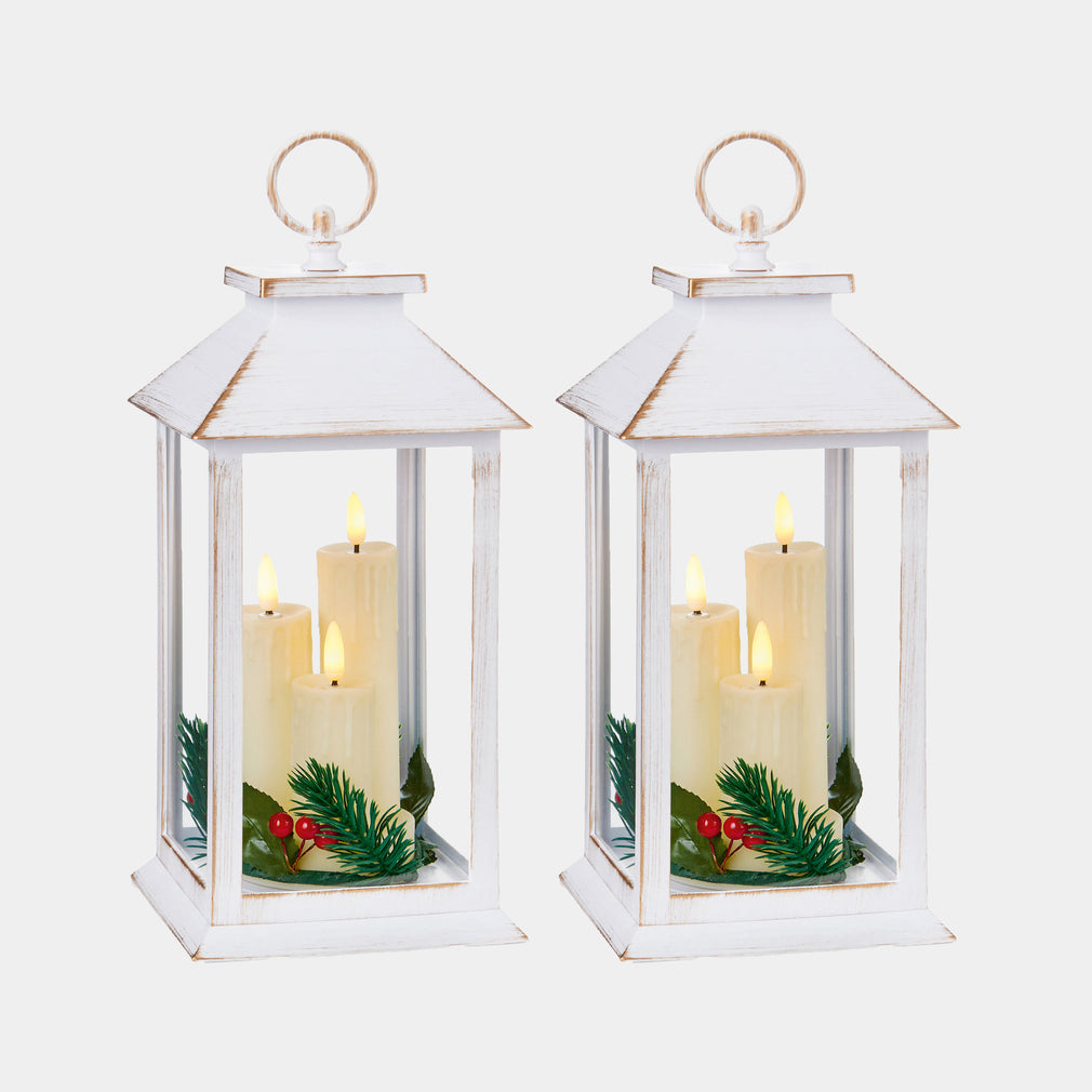White LED Christmas Lanterns & Flickering Candles - Set of 2 Indoor Festive Decoration