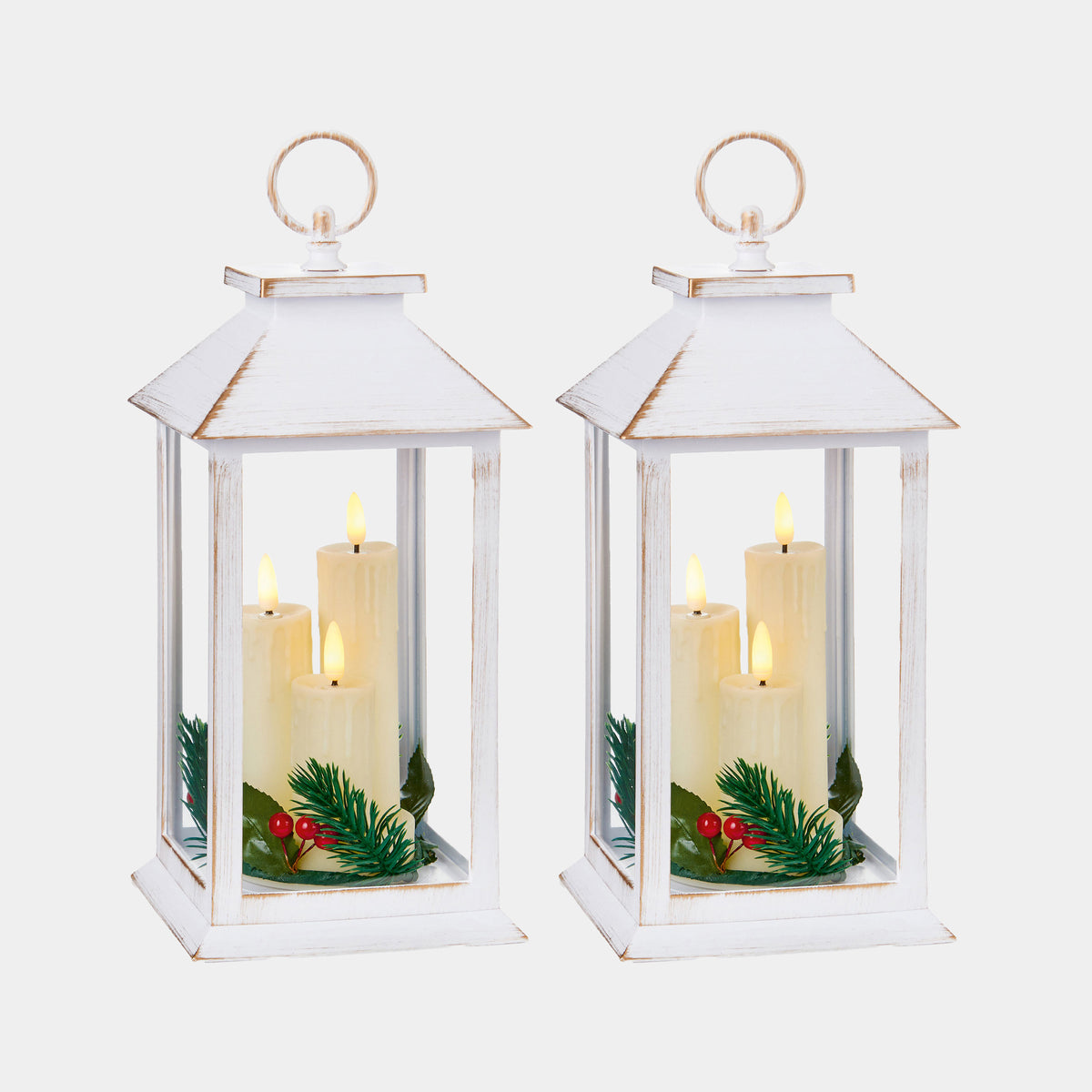 White LED Christmas Lanterns & Flickering Candles - Set of 2 Indoor Festive Decoration