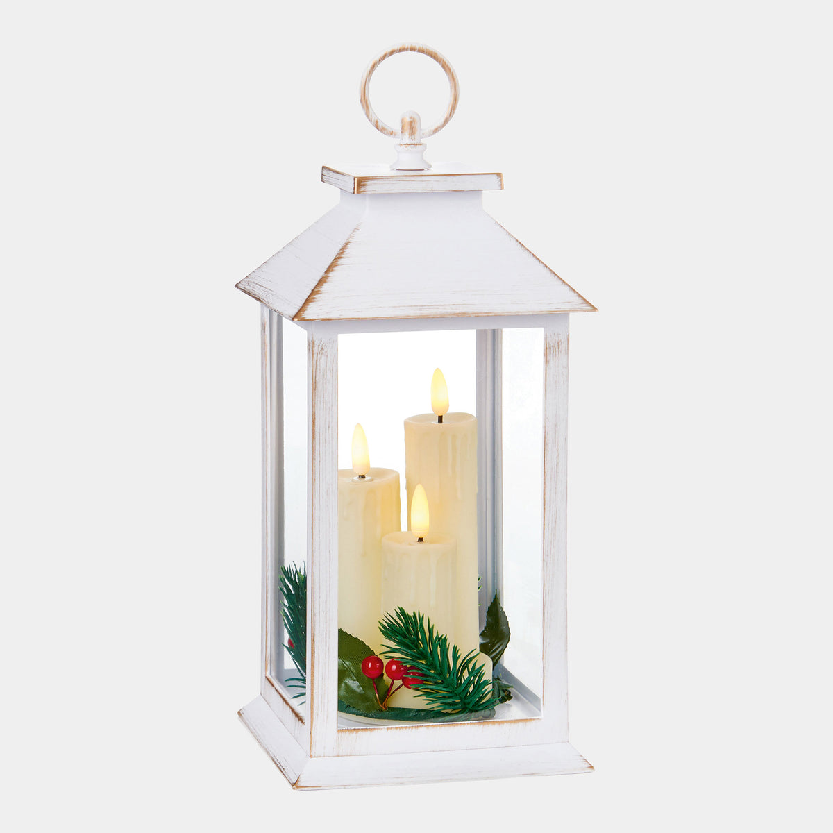 White LED Christmas Lanterns & Flickering Candles - Set of 2 Indoor Festive Decoration