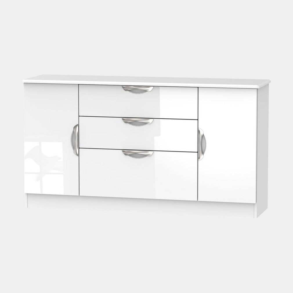 Cornell - Sideboard, High Gloss Wide 2 Door 3 Drawers White