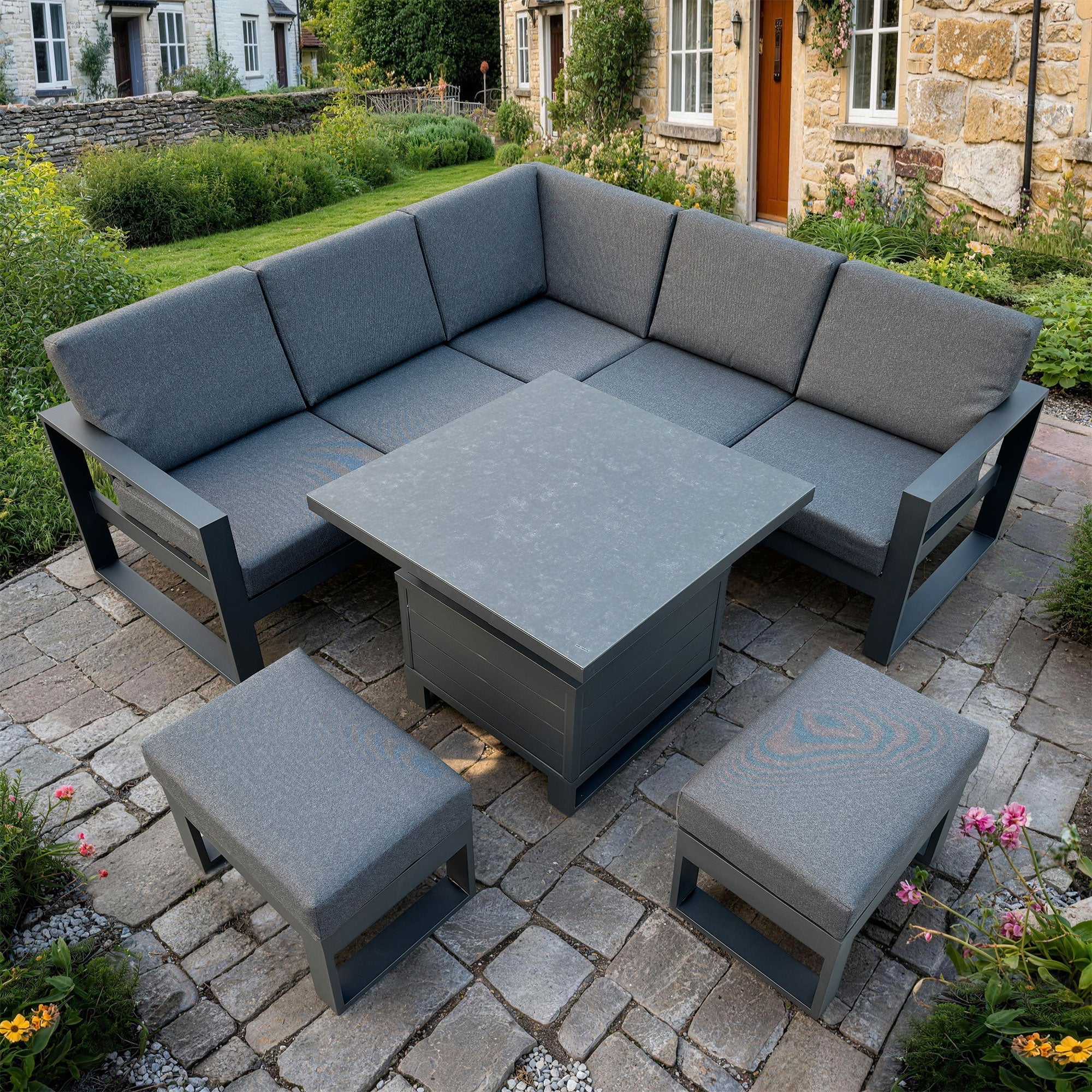 Mustique - Small Garden Corner Dining Set & Rising Table, Grey Aluminium