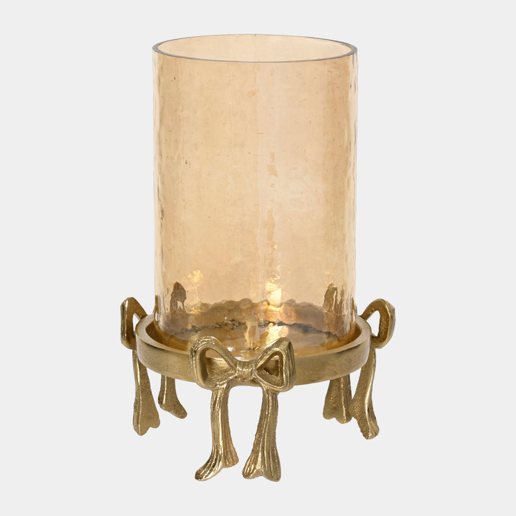 Noël Gold Bow Hurricane - Christmas Candle Holder