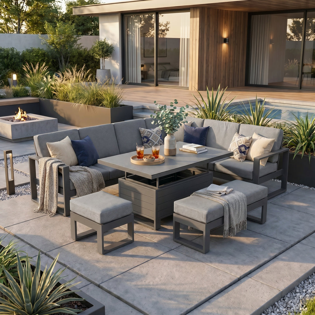 Mustique - Large Corner Garden Dining Set & Rising Table, Grey Aluminium