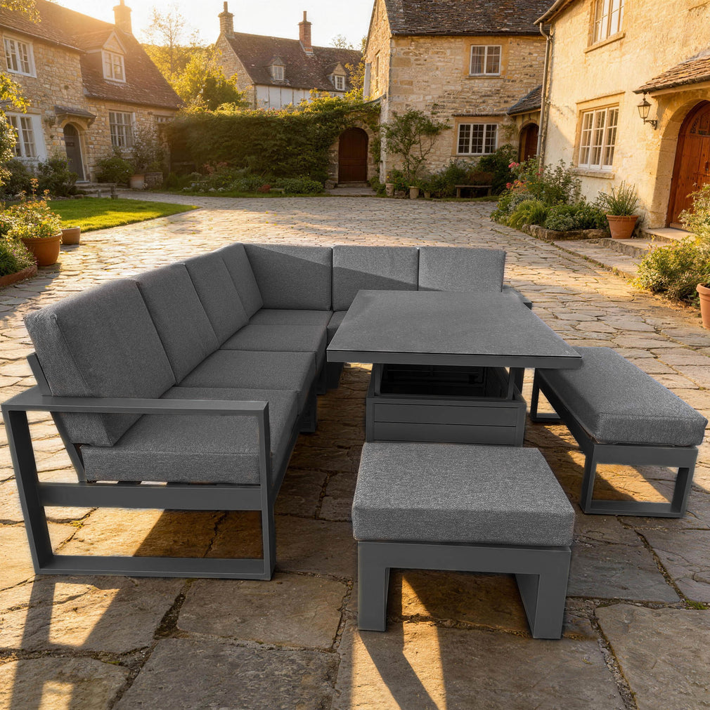 Mustique - Large Corner Garden Dining Set & Rising Table, Grey Aluminium