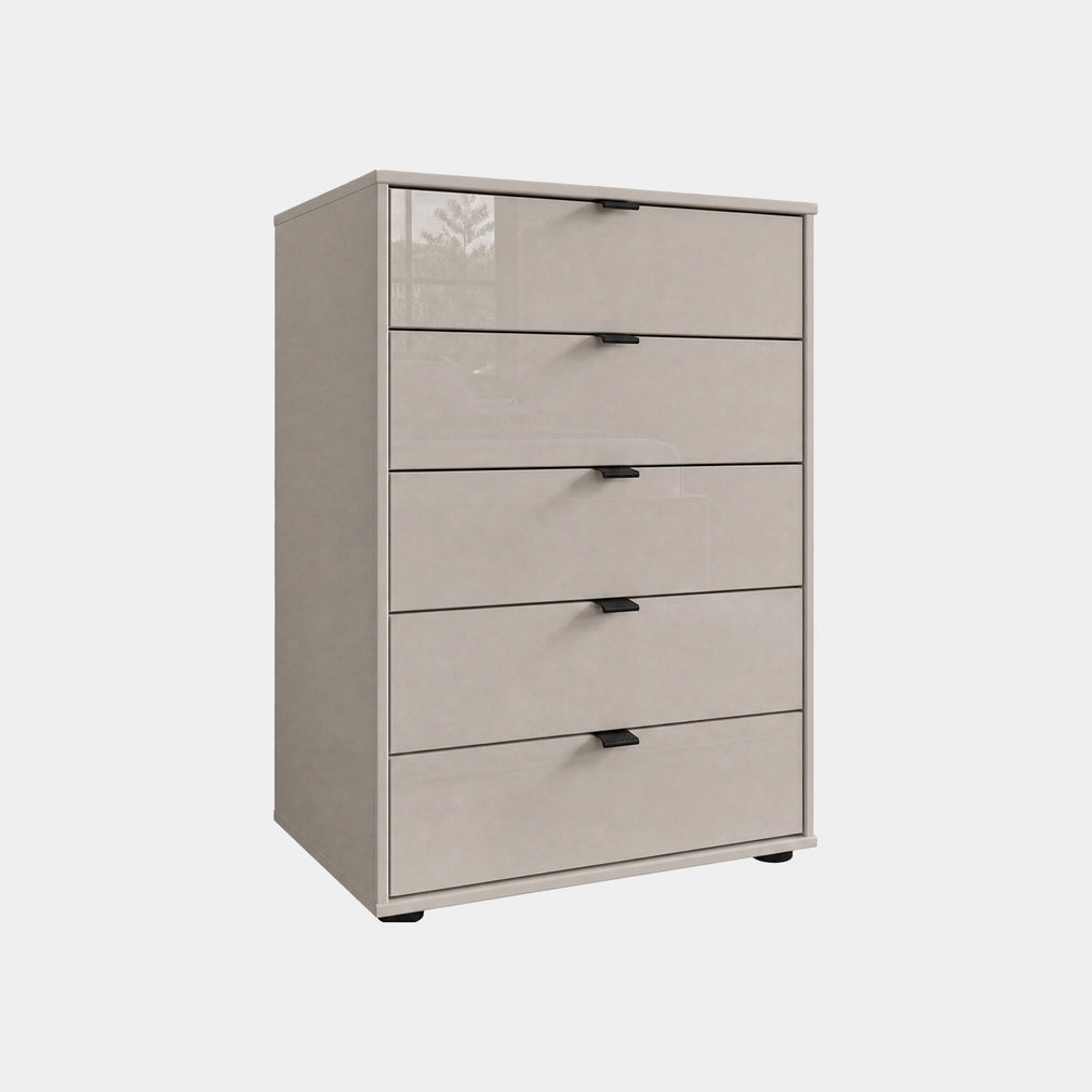 Varnell - 5 Drawer Glass Bedside Table Pebble Grey Glass