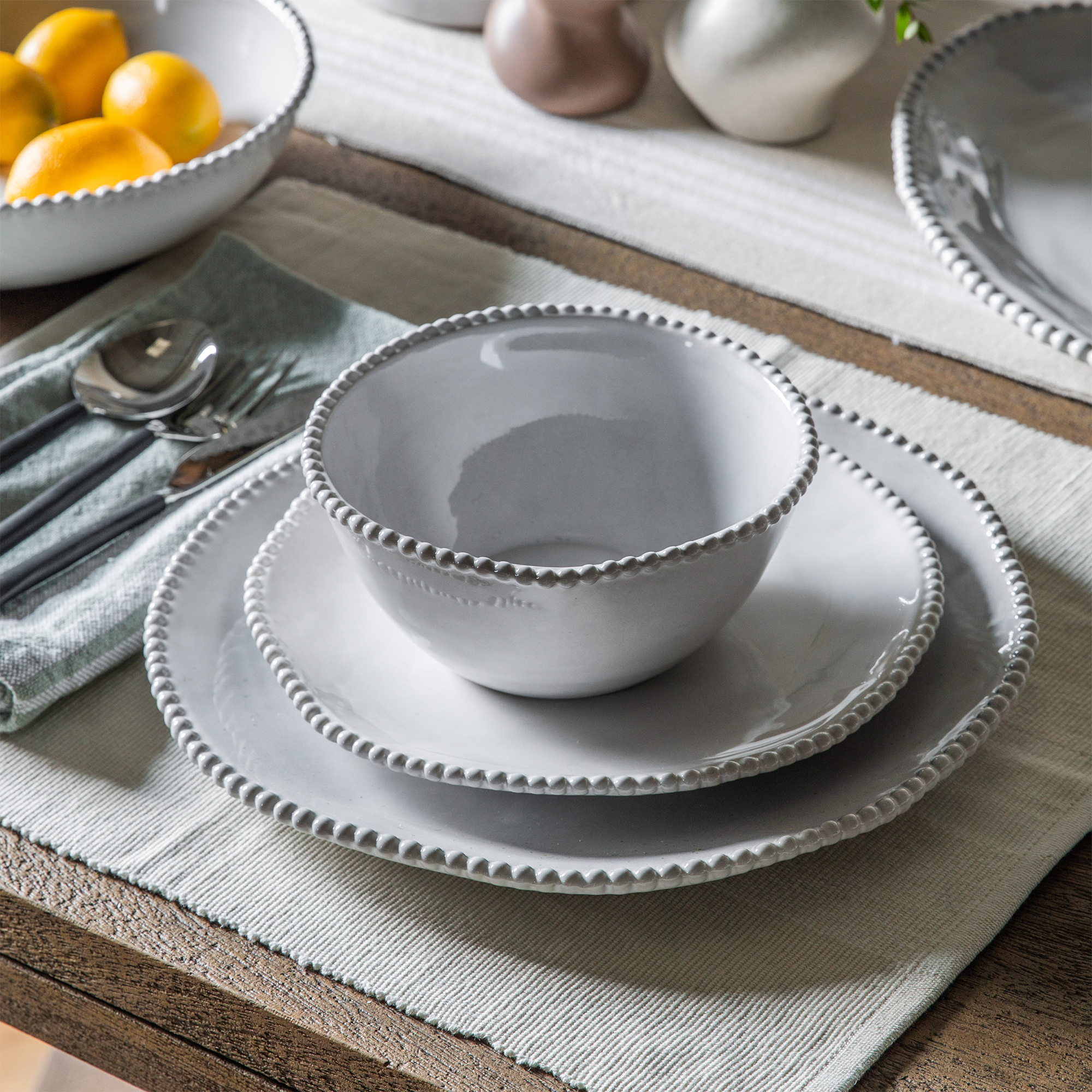 Perola - Beaded White Soup & Cereal Bowl, Set of 4