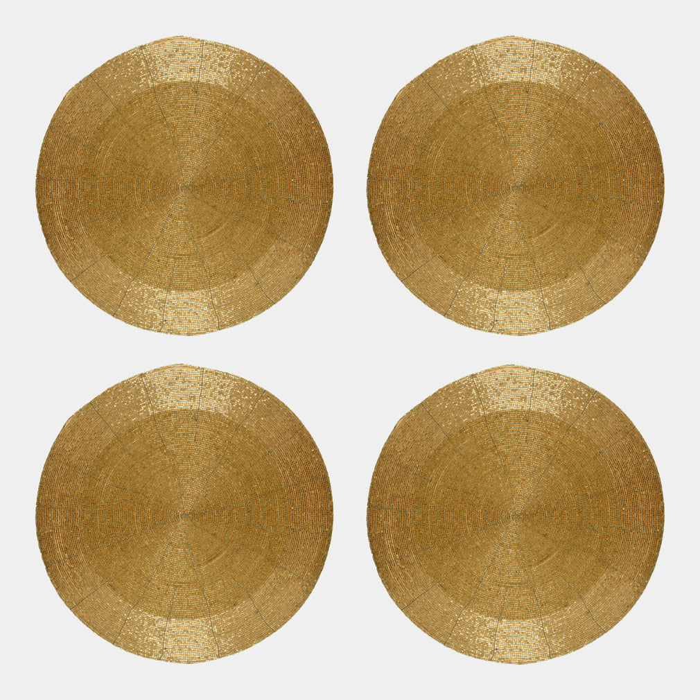 Gold Beaded Placemats Set of 4 - Festive Round Dining Table Mats
