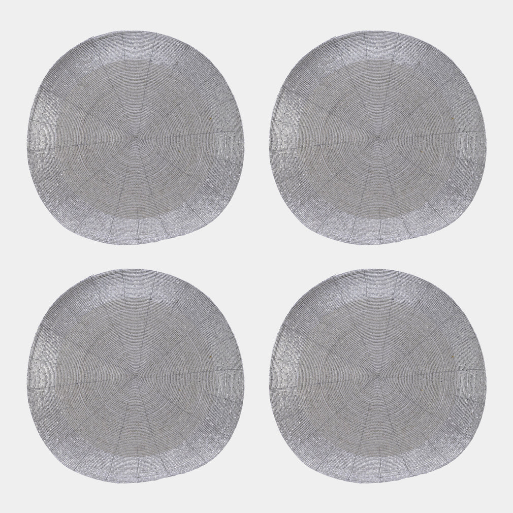Silver Beaded Placemats Set of 4 - Festive Round Dining Table Mats