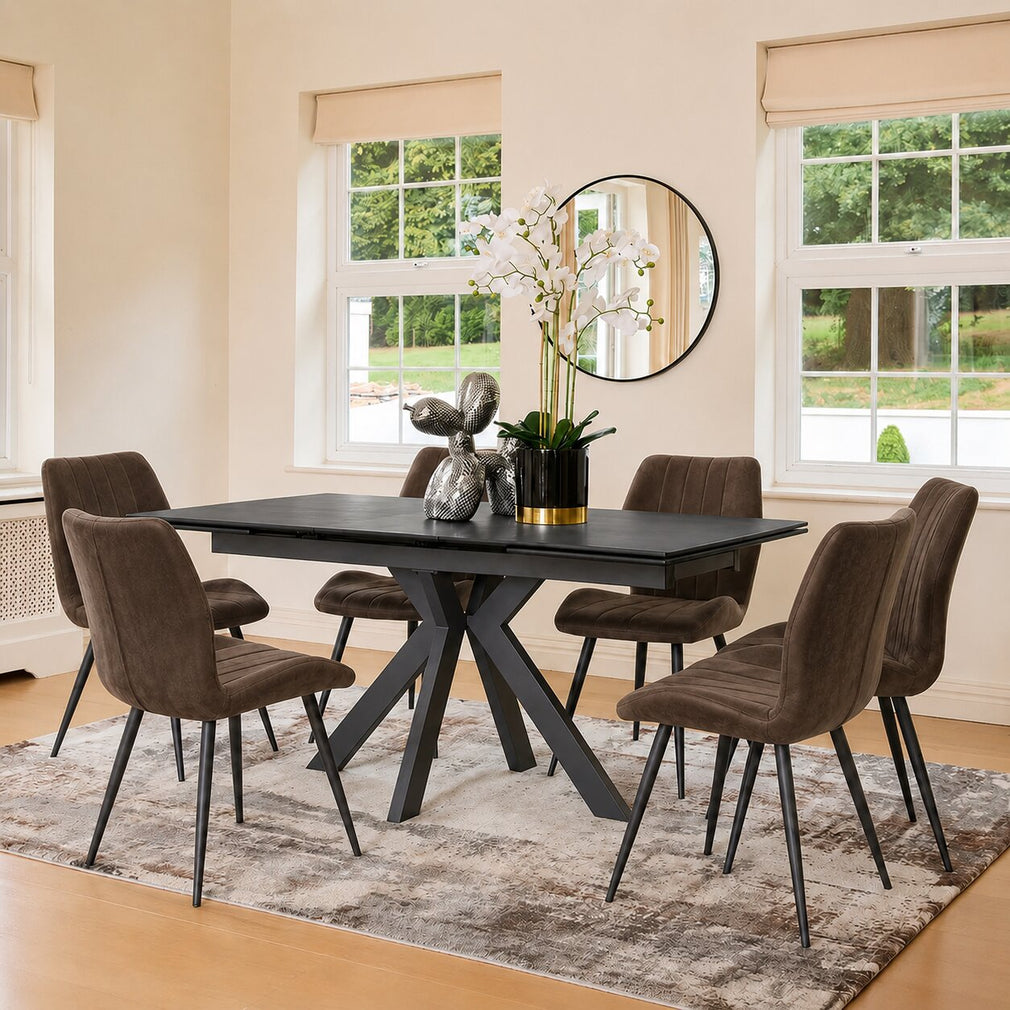 Silvano Grey - Ceramic Extending Dining Table Set With 6 Dining Chairs, Fabric Grey Ceramic Top & 6 Tuscan Chairs In Dark Grey