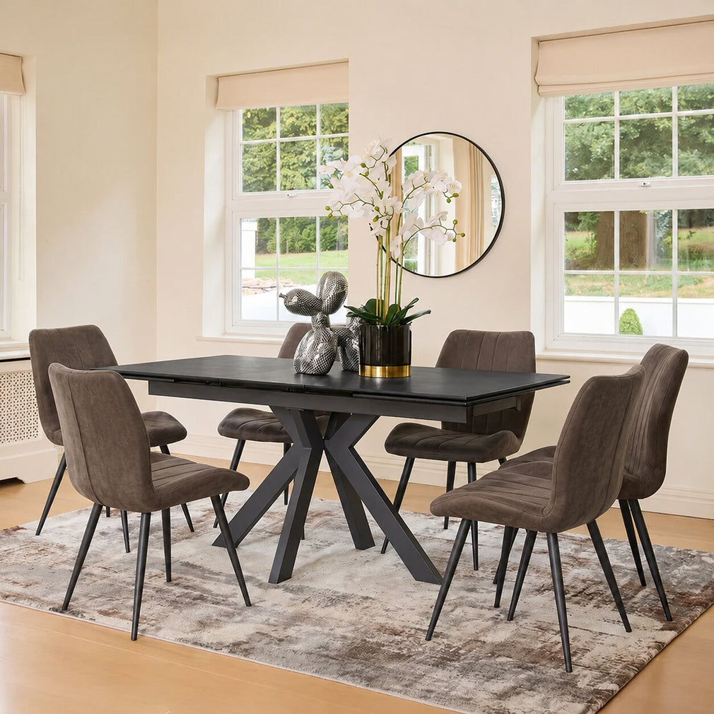 Silvano Grey - Ceramic Extending Dining Table Set With 6 Dining Chairs, Fabric Grey Ceramic Top & 6 Tuscan Chairs In Brown