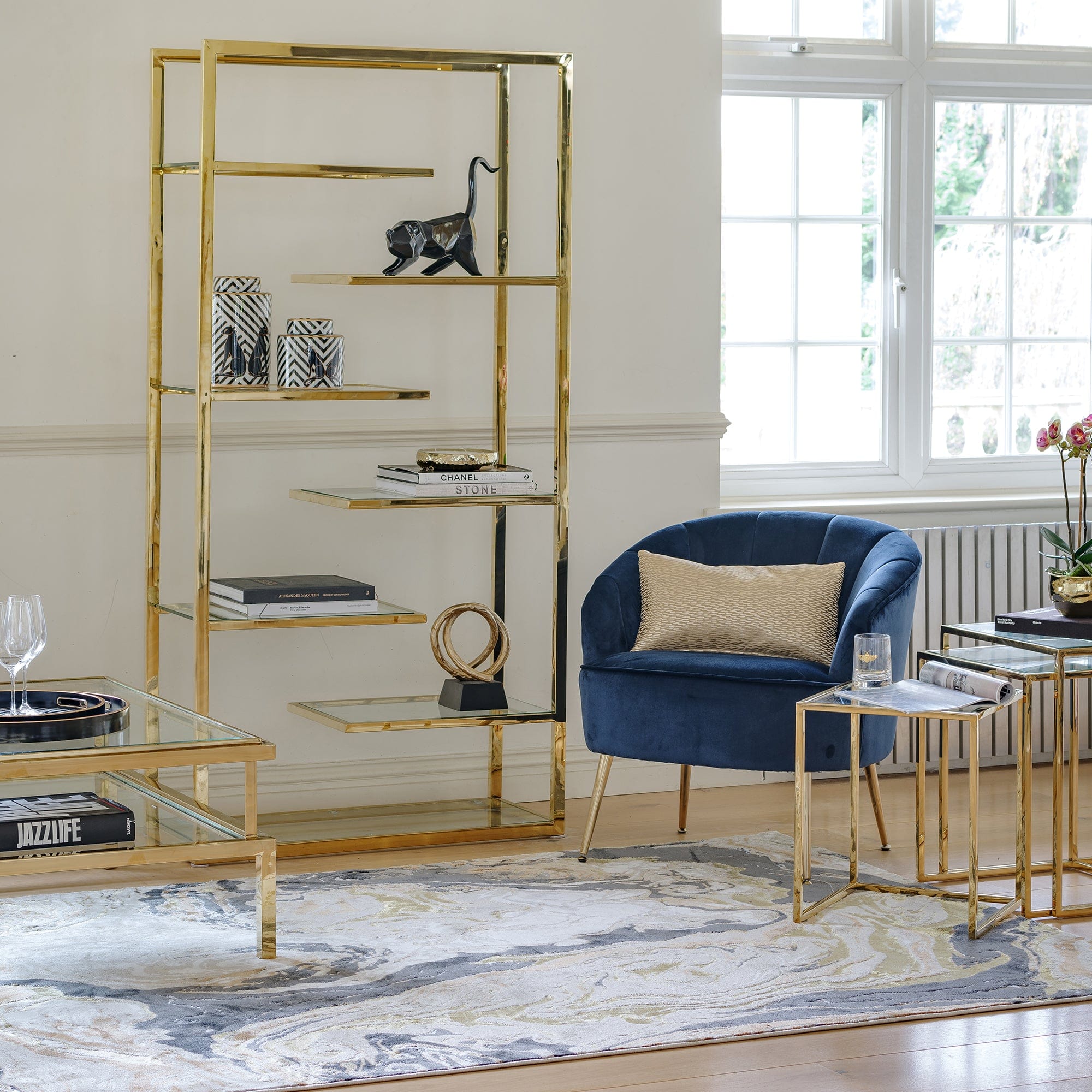Coffee Table With Clear Glass Top & Gold Steel Frame