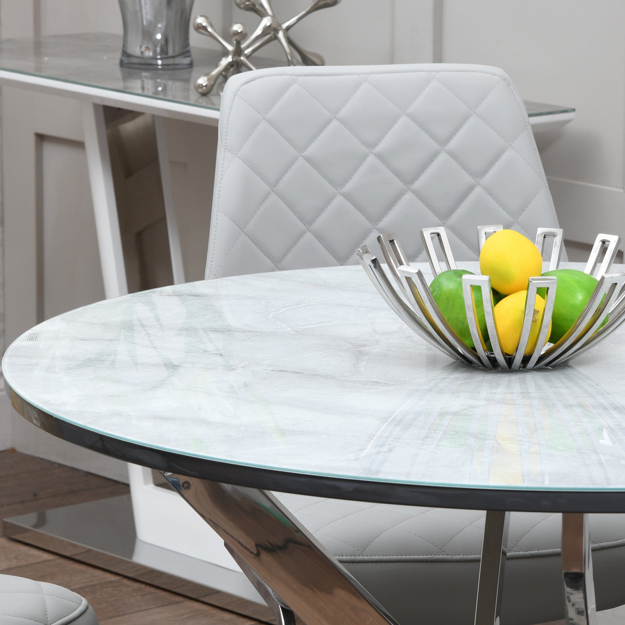 Ø 100cm Dining Table With Grey Marble Effect Top & Stainless Steel Base