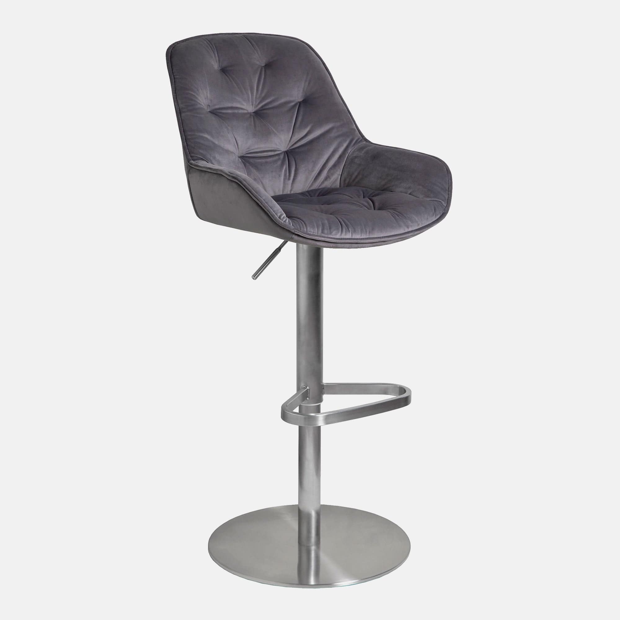 Swivel Bar Stool In Dark Grey Velvet With Brushed Stainless Steel Round Base