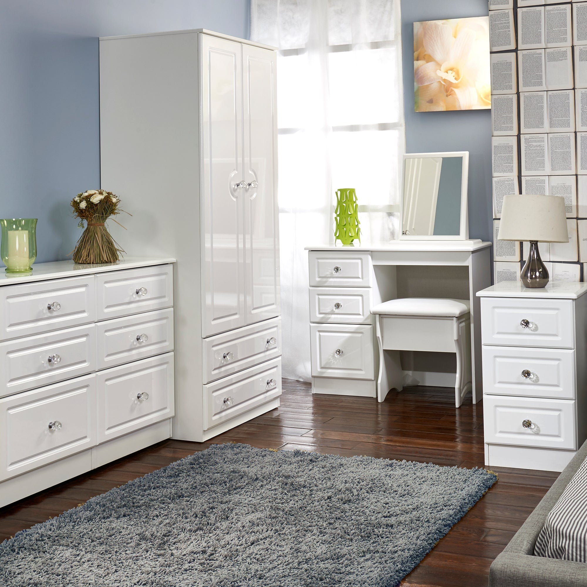 Lincoln - 3 Drawer Bedside White High Gloss With Crystal Handles