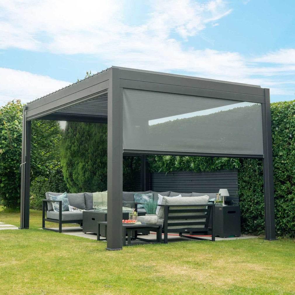 4m x 3m Rectangular Pergola In Grey Aluminium Including 2 x Zip Privacy Screens