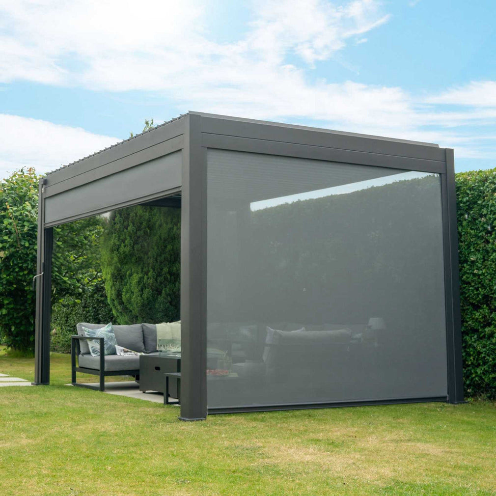 4m x 3m Rectangular Pergola In Grey Aluminium Including 2 x Zip Privacy Screens