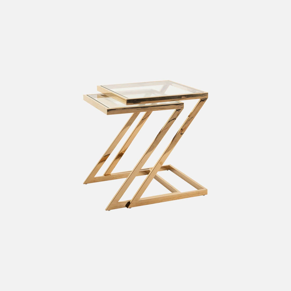 Nest Of Two 'Z' Tables With Clear Glass Top & Gold Frame  (Assembly Required)