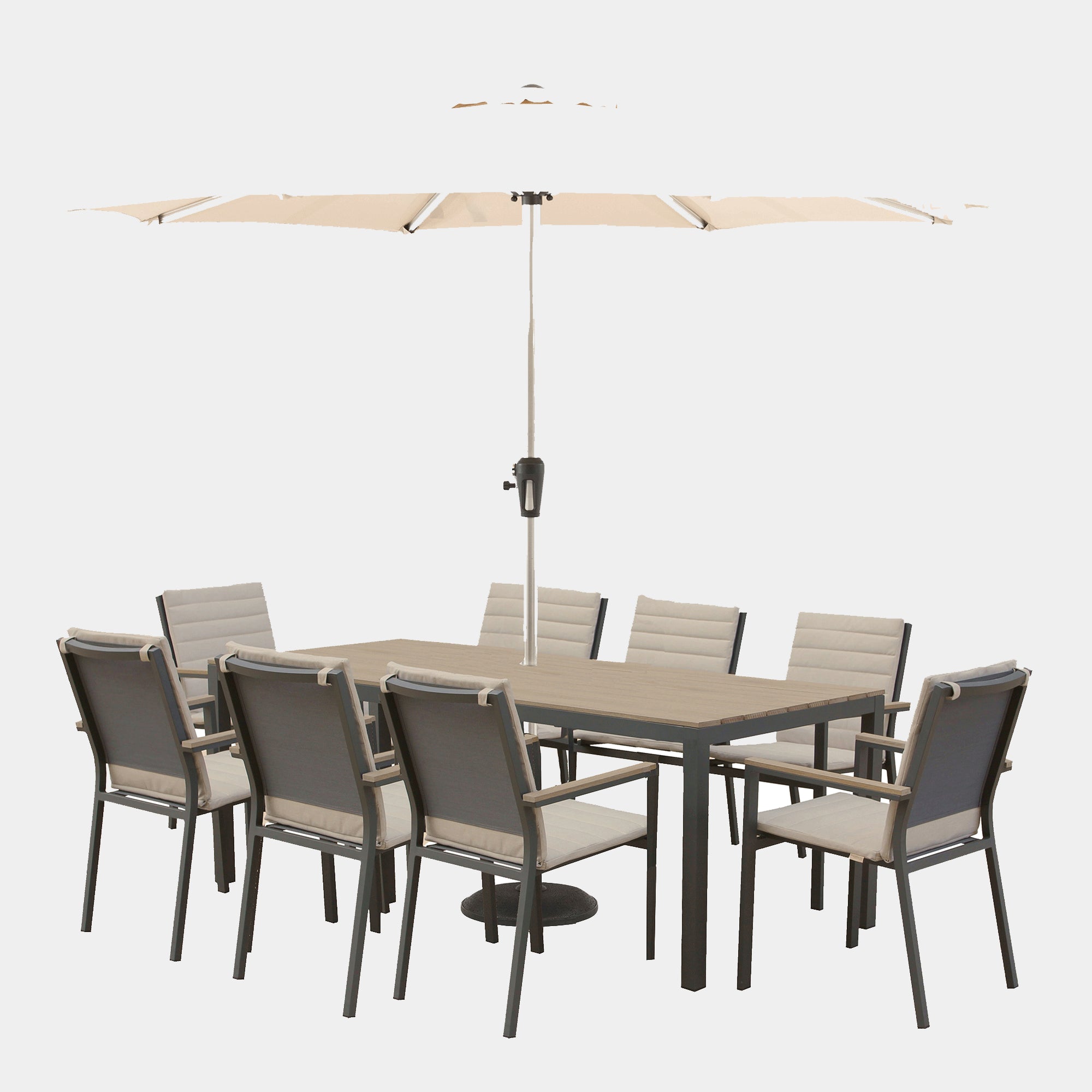 8 Seat 204 x 95cm Rectangular Tree Free Dining Set  In Eco Fawn With 8 Stacking Chairs