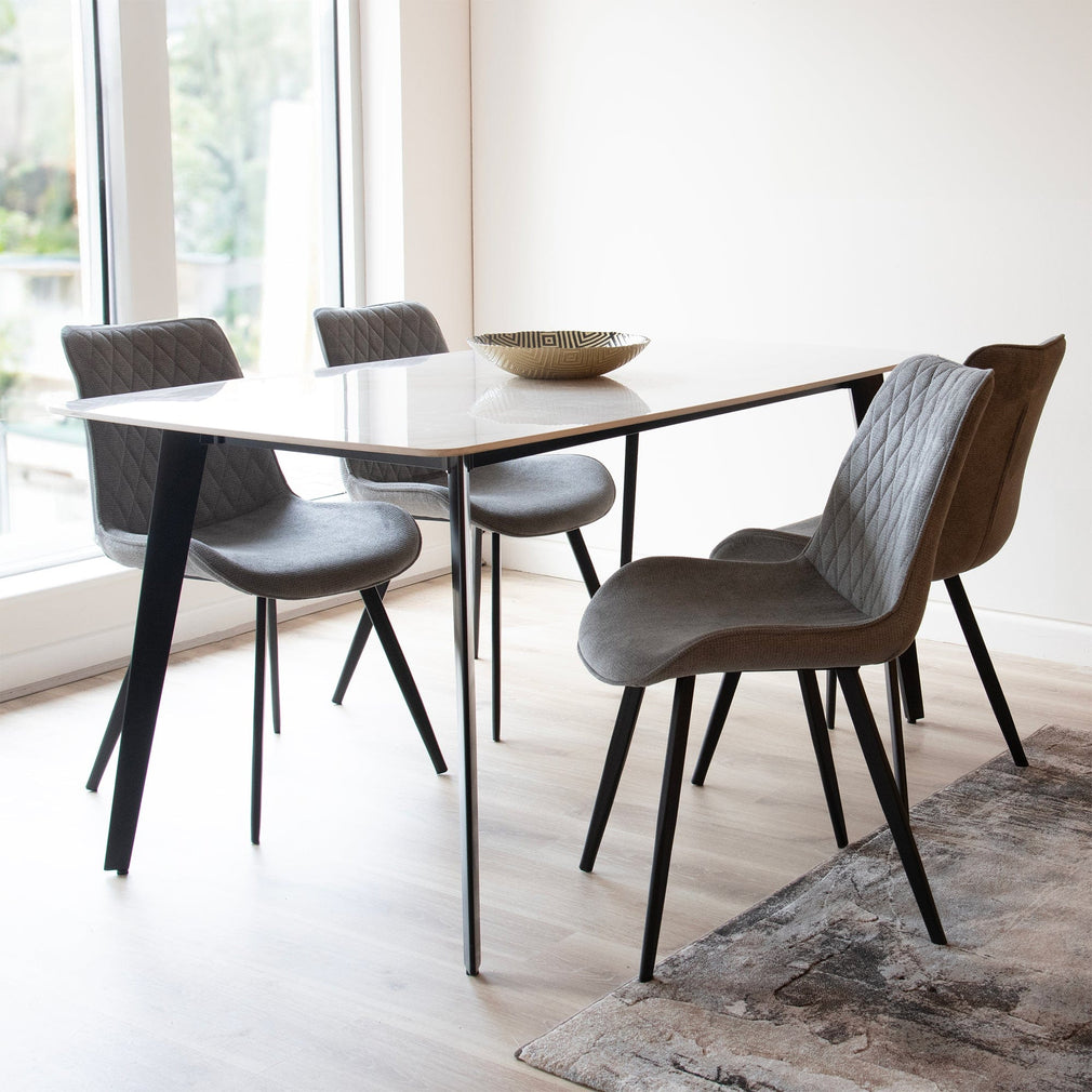 160cm Dining Table White Gloss Sintered Stone & 4 Dining Chairs In Dark Grey Fabric