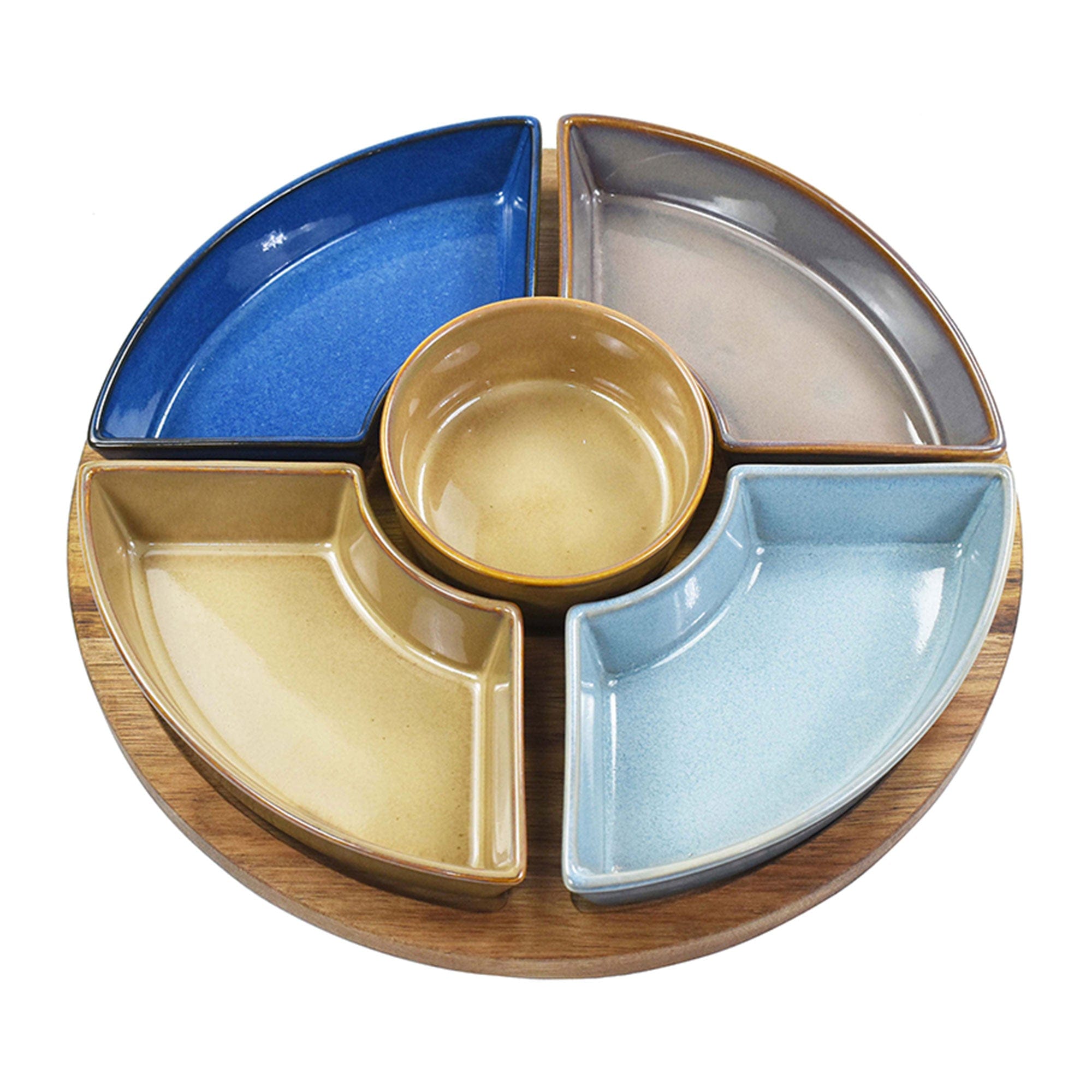 Artisan - Set of 5 Snack Dishes & Round Platter Wood Tray