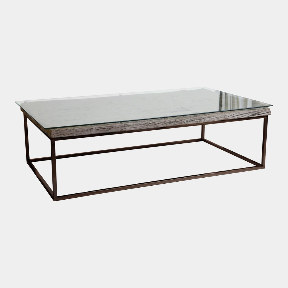Myrtle - Coffee Table Reclaimed Railway Sleeper With Glass Top & Matt Grey Metal Base