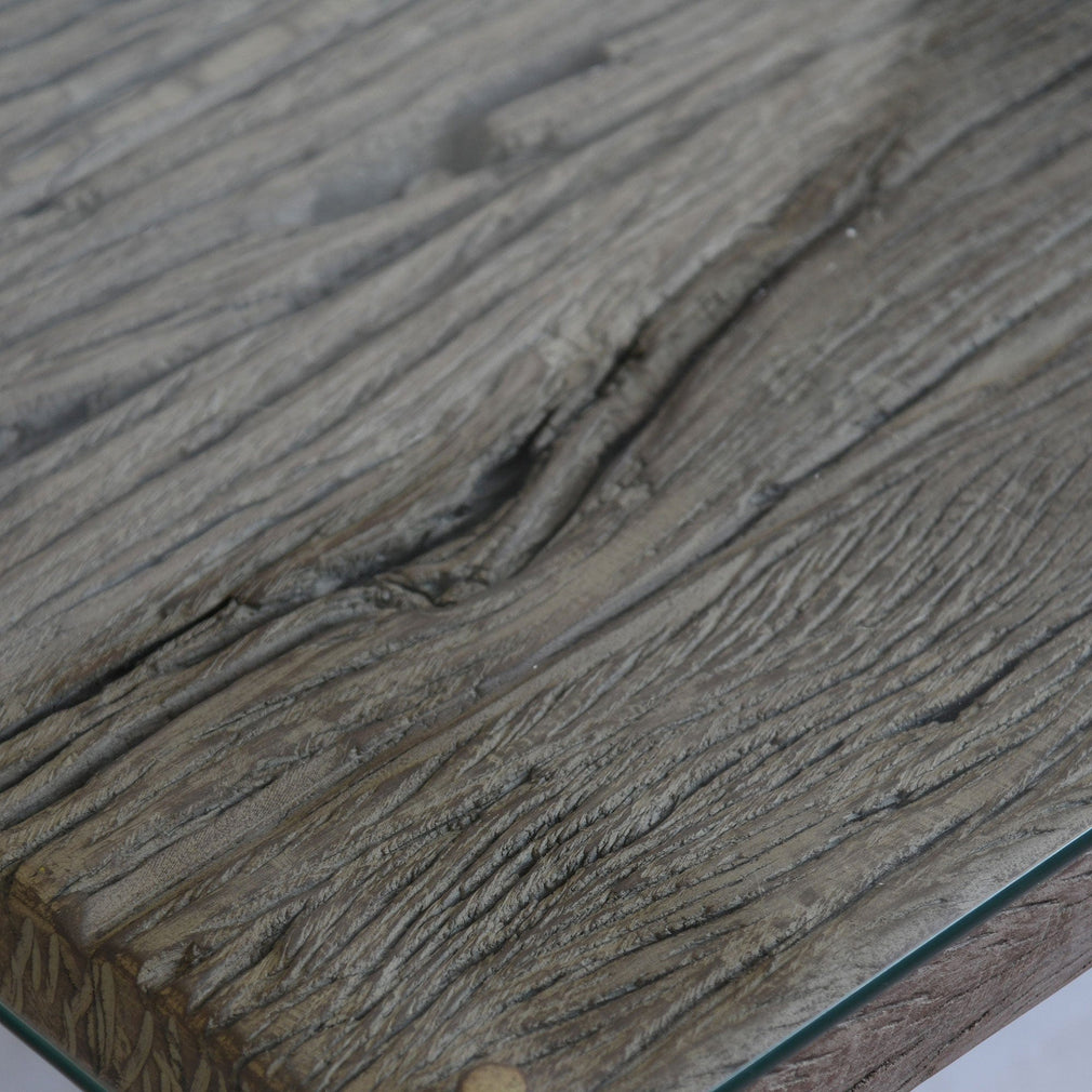 Myrtle - Coffee Table Reclaimed Railway Sleeper With Glass Top & Matt Grey Metal Base
