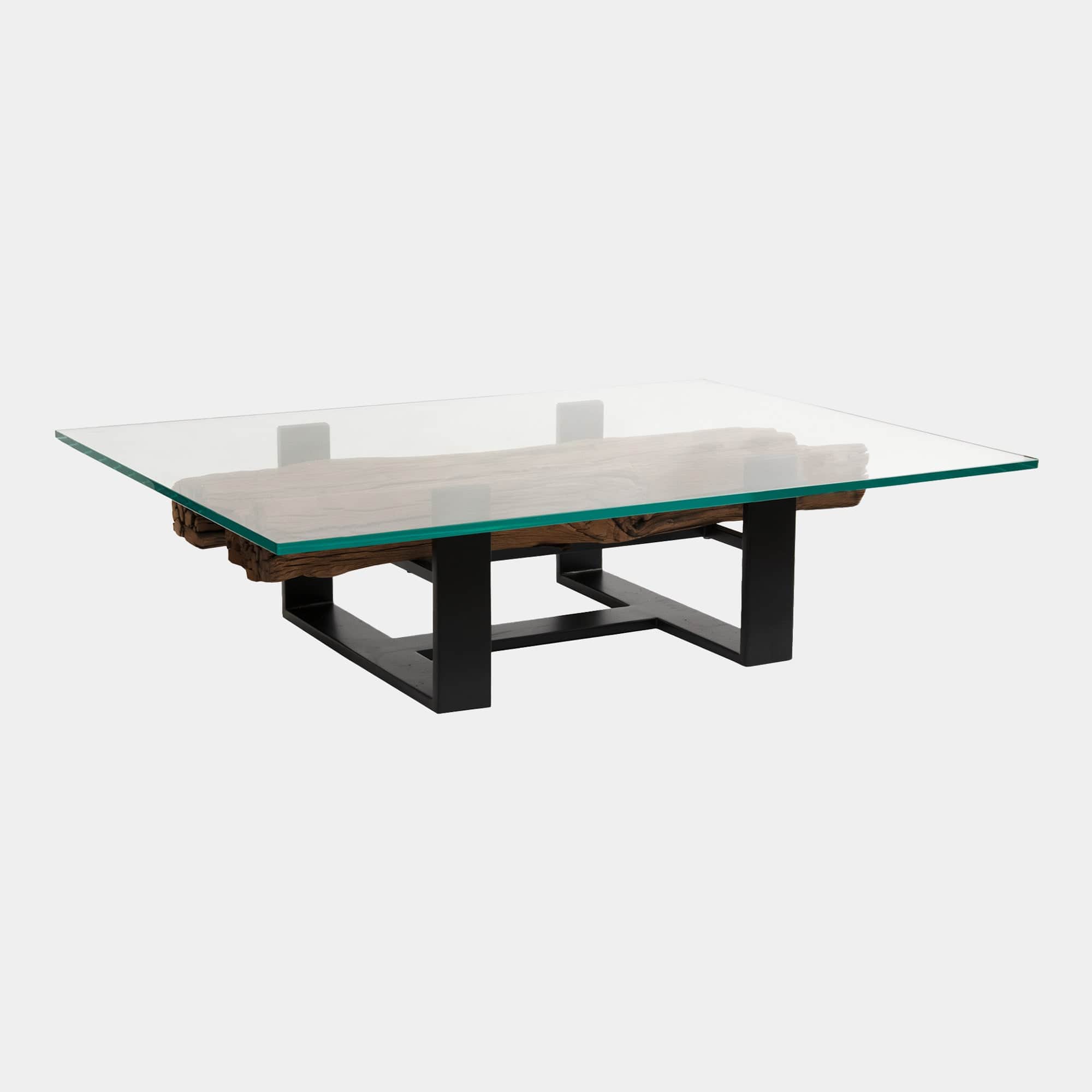 160cm Rectangular Coffee Table Reclaimed Railway Sleeper With Glass Top & Matt Black Base