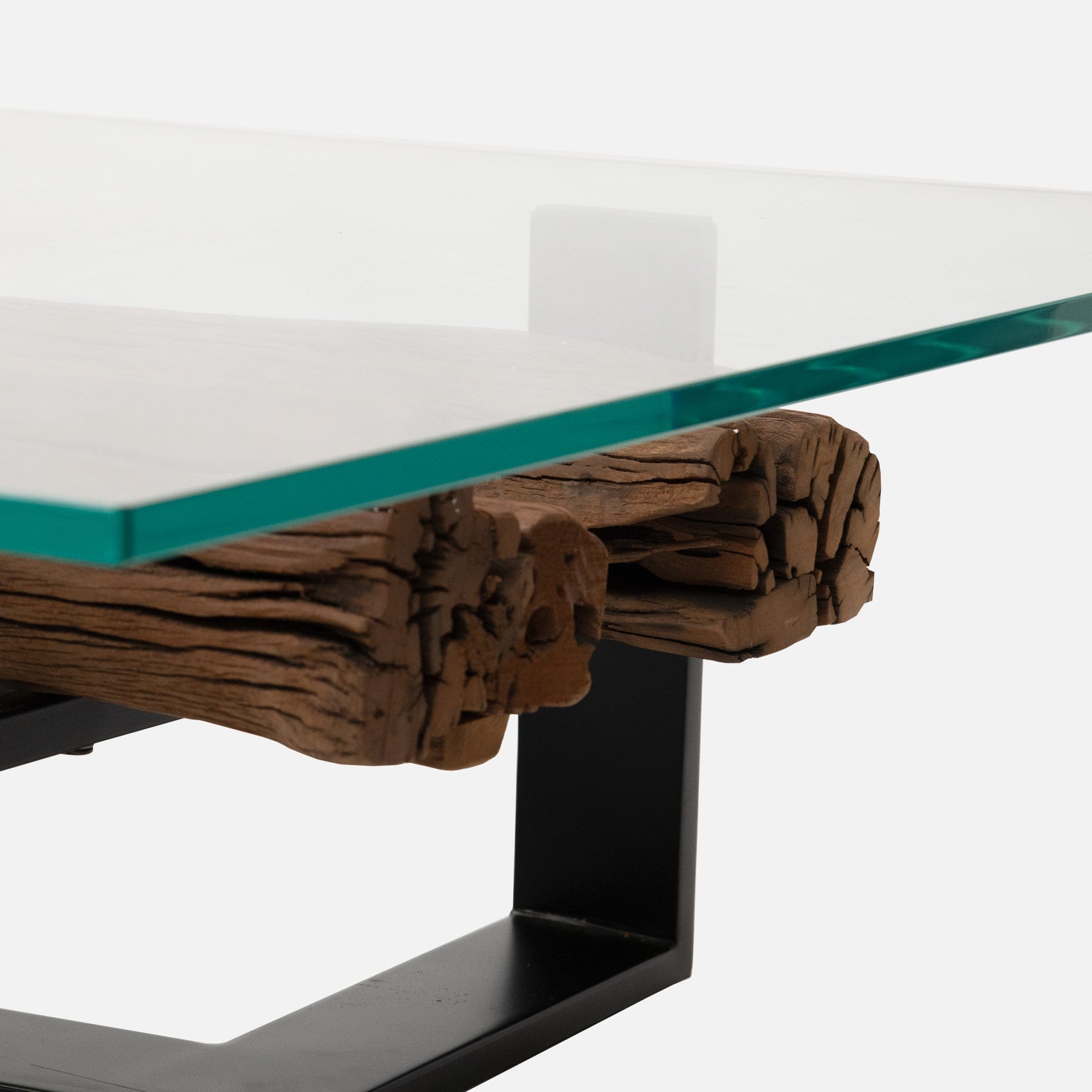 160cm Rectangular Coffee Table Reclaimed Railway Sleeper With Glass Top & Matt Black Base