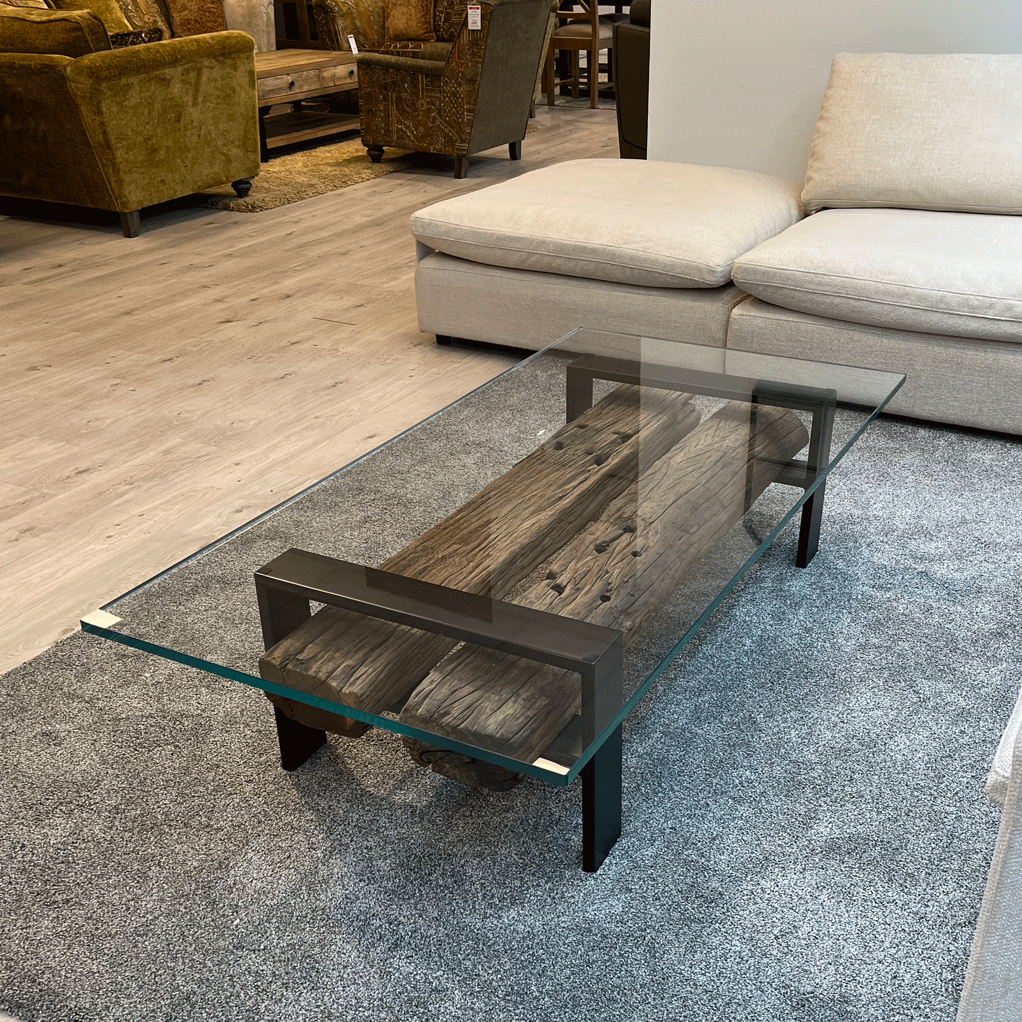 160cm Rectangular Coffee Table Reclaimed Railway Sleeper With Glass Top & Matt Black Base