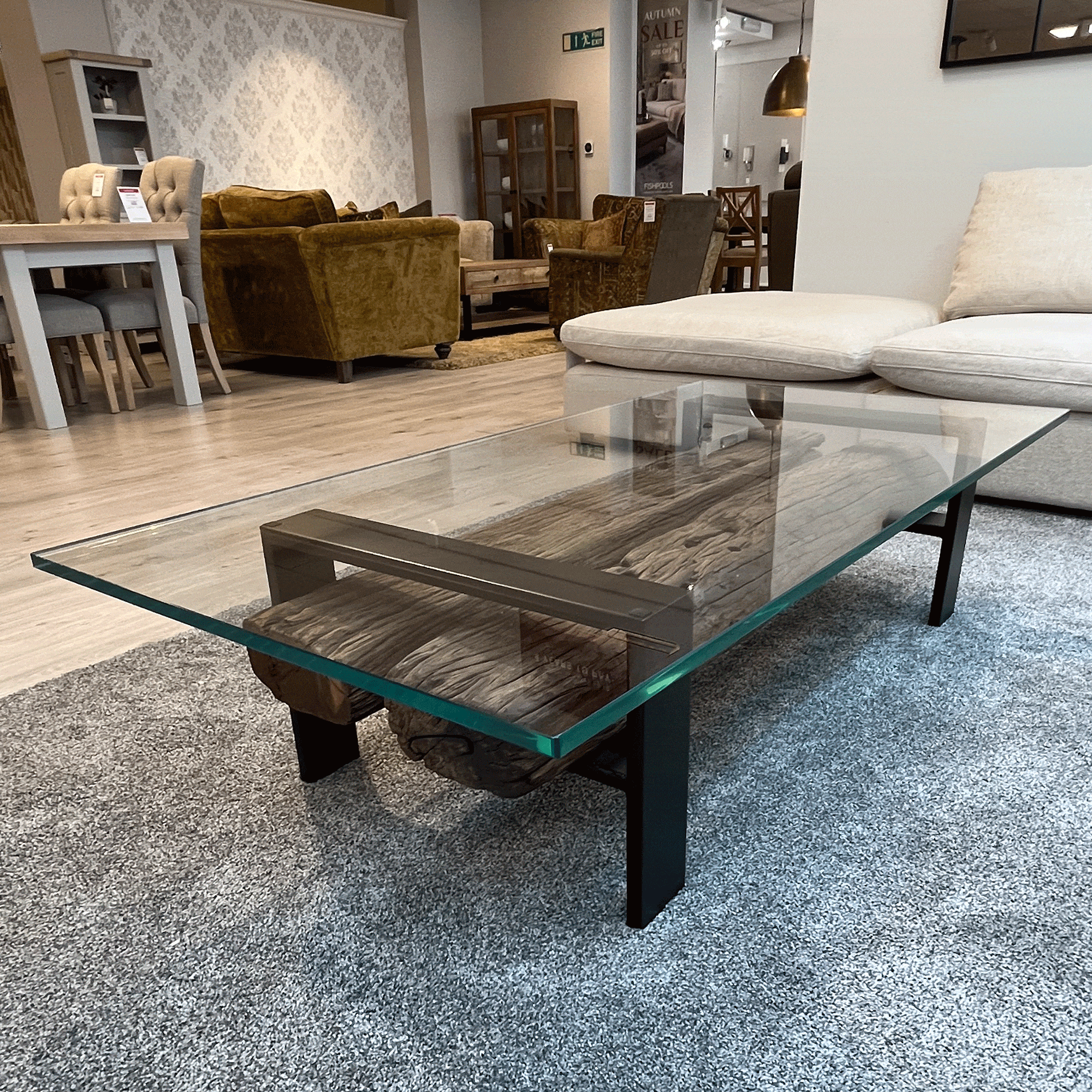 160cm Rectangular Coffee Table Reclaimed Railway Sleeper With Glass Top & Matt Black Base