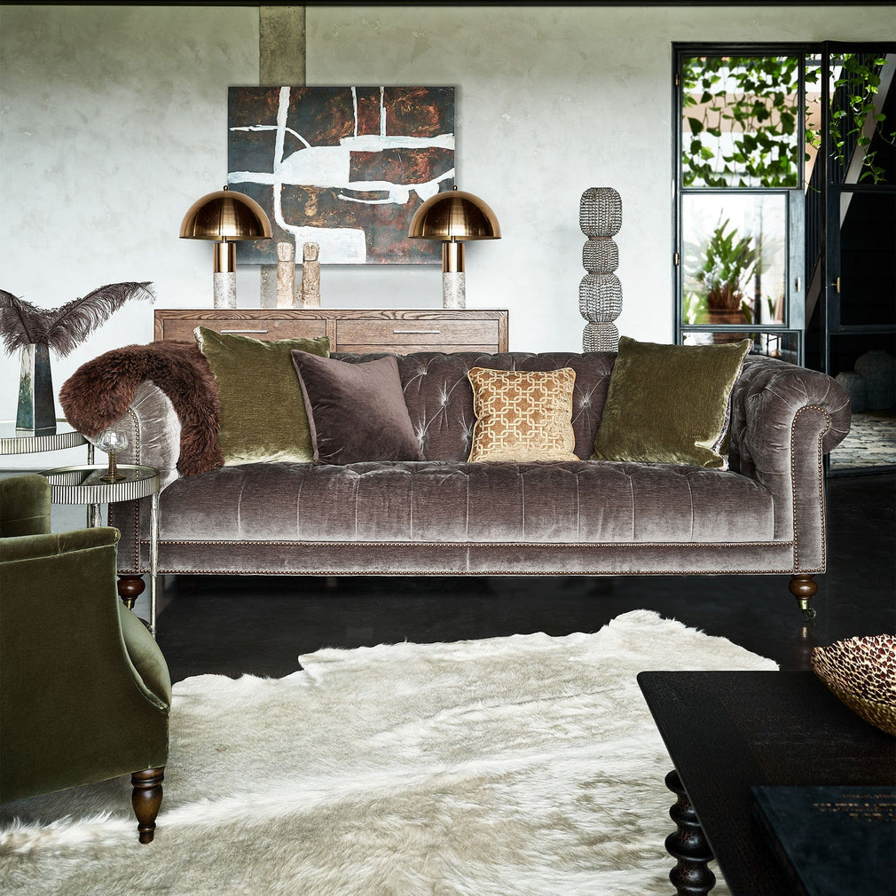 Spitfire - 3.5 Seat Sofa In Fabric Chiltern Brindle, Brass Studs, Walnut Foot With Brass Castors