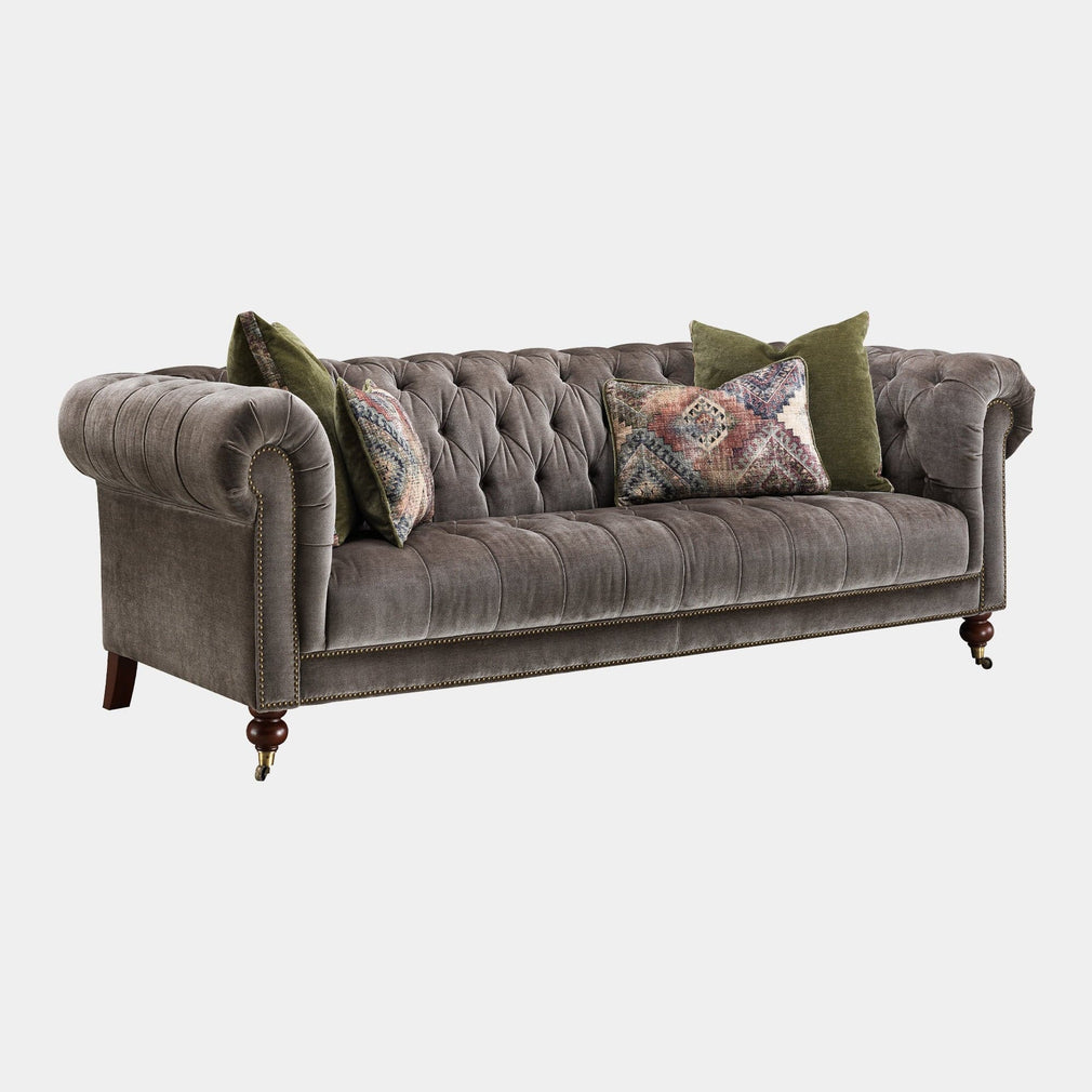 Spitfire - 3.5 Seat Sofa In Fabric Chiltern Brindle, Brass Studs, Walnut Foot With Brass Castors