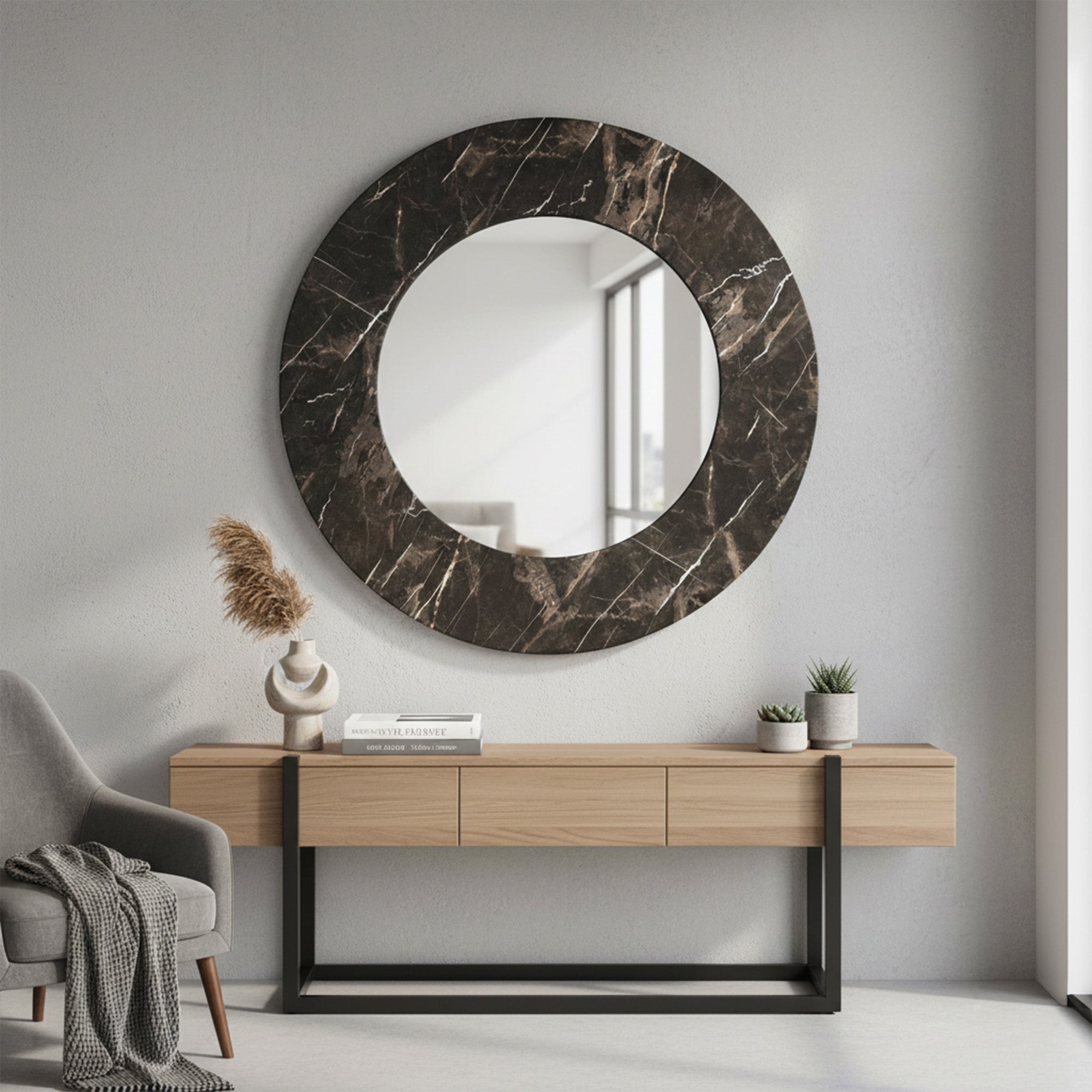 Raven Faux Black Marble Round Mirror (WG)