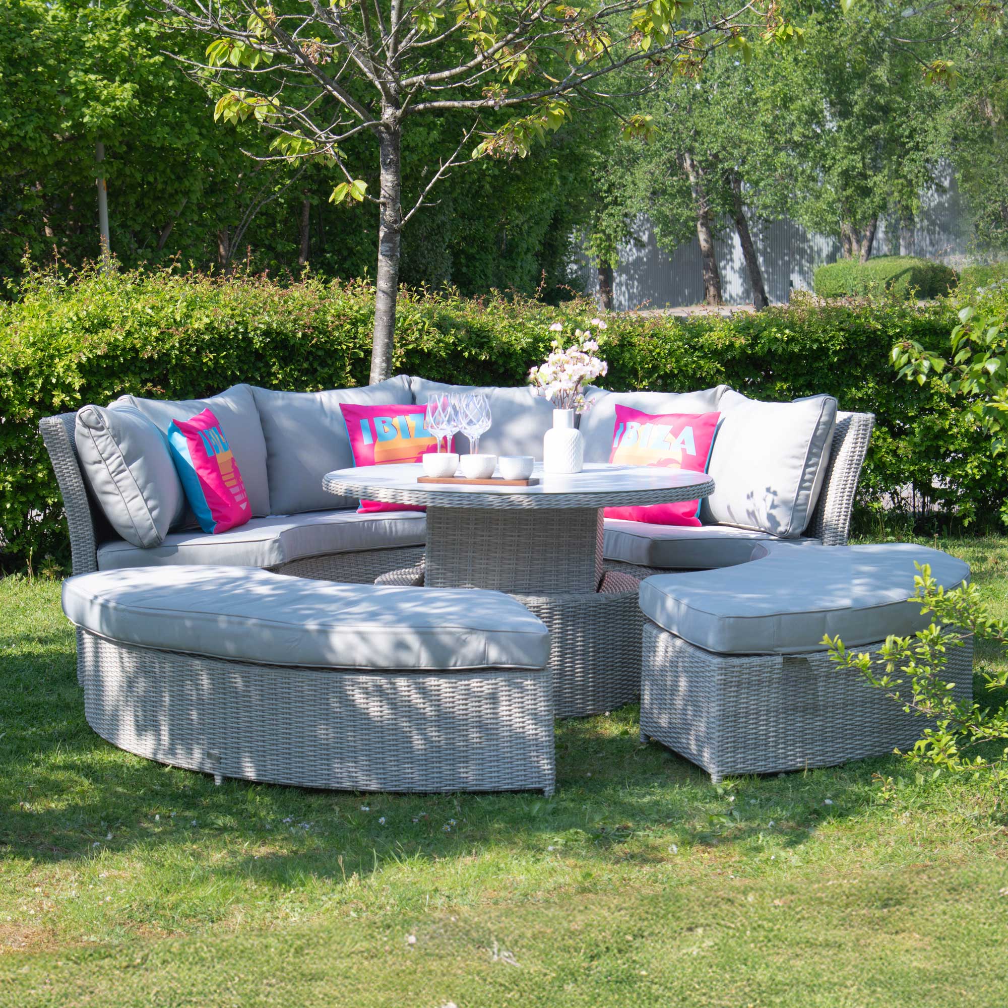 Lifestyle Suite Round Curved Sofa With 2 Benches and Rising Coffee Table