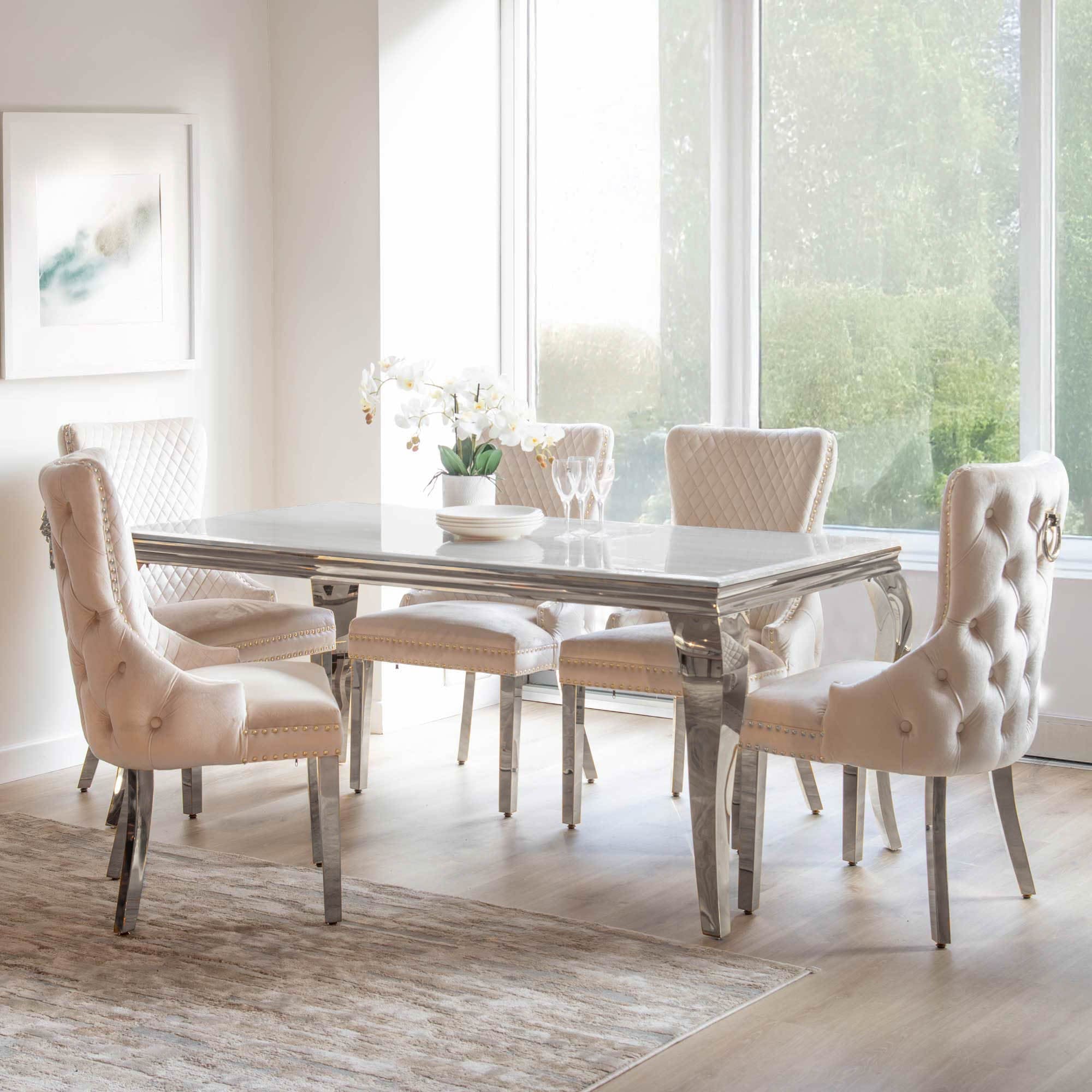 Izmir - 160cm Dining Table With Grey Marble Top & 4 Cream Lion Head Chairs