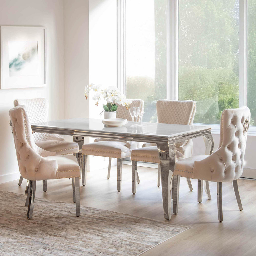 Izmir - 200cm Dining Table With Grey Marble Top & 6 Cream Lion Head Chairs