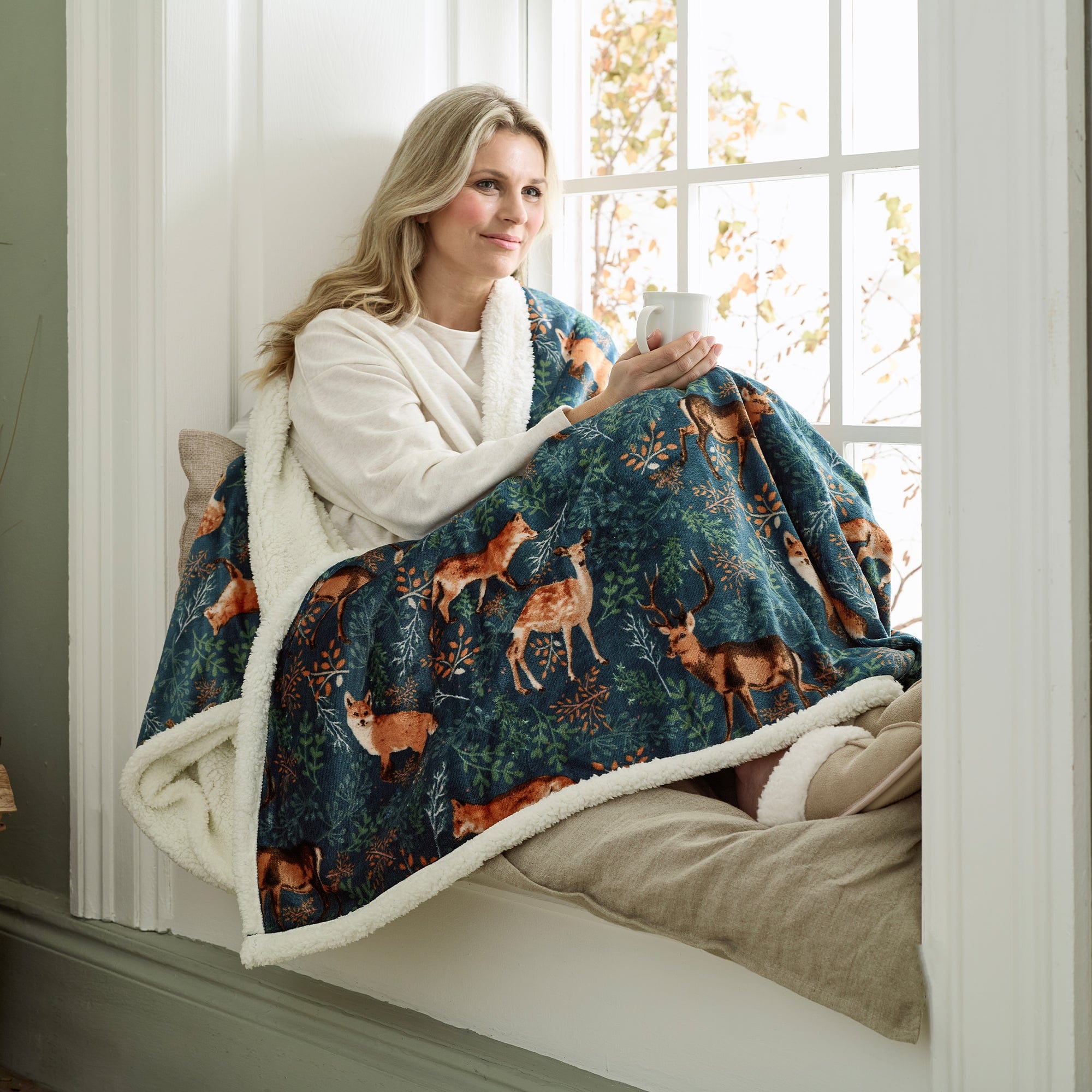 Heated Sherpa - Fox & Rabbit Pattern Throw 140x180cm