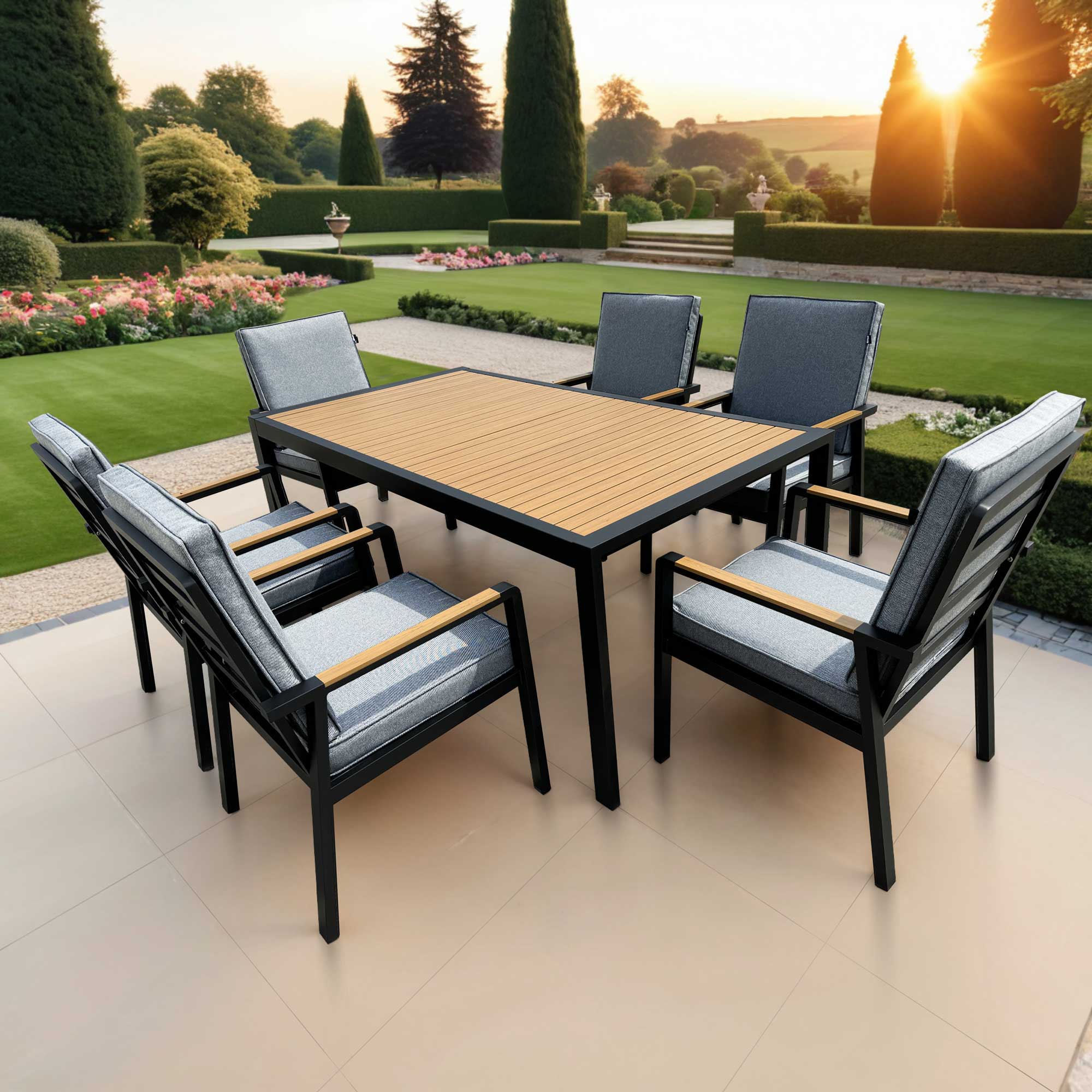 Antigua - 6 Seat Rectangular Dining Set In Grey Aluminium With Wood Effect