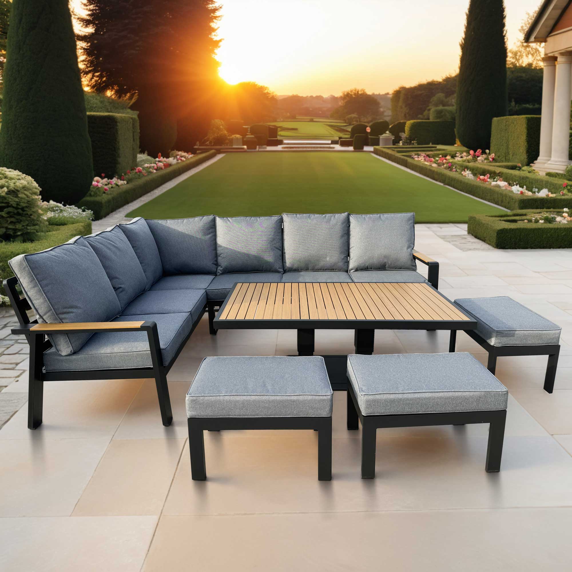 Antigua - Corner Dining Set With Rising Table In Grey Aluminium With Wood Effect