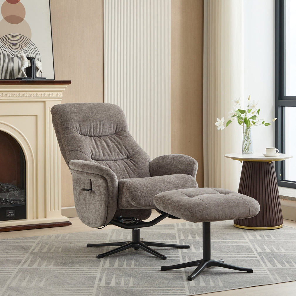 Alberta - Swivel Recliner Chair & Stool In Fabric Ash, Black Base