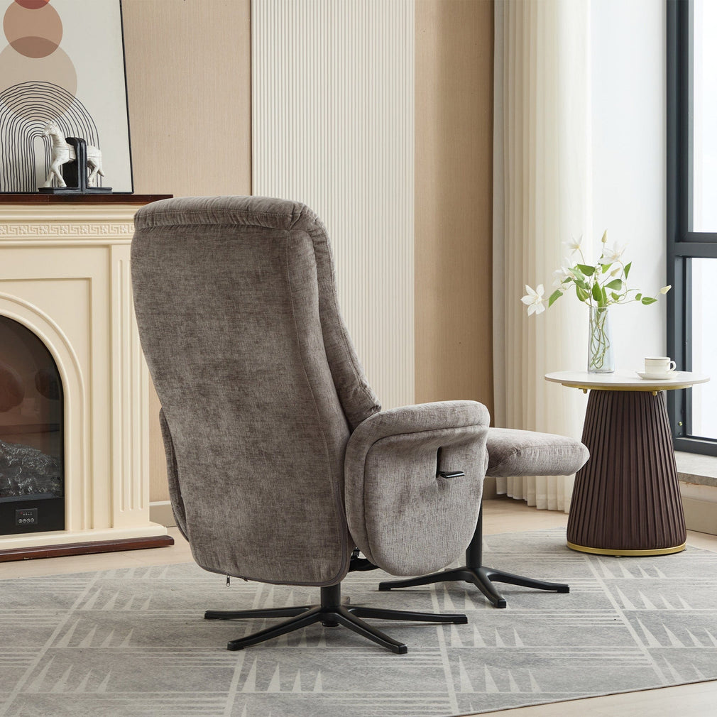 Alberta - Swivel Recliner Chair & Stool In Fabric Ash, Black Base
