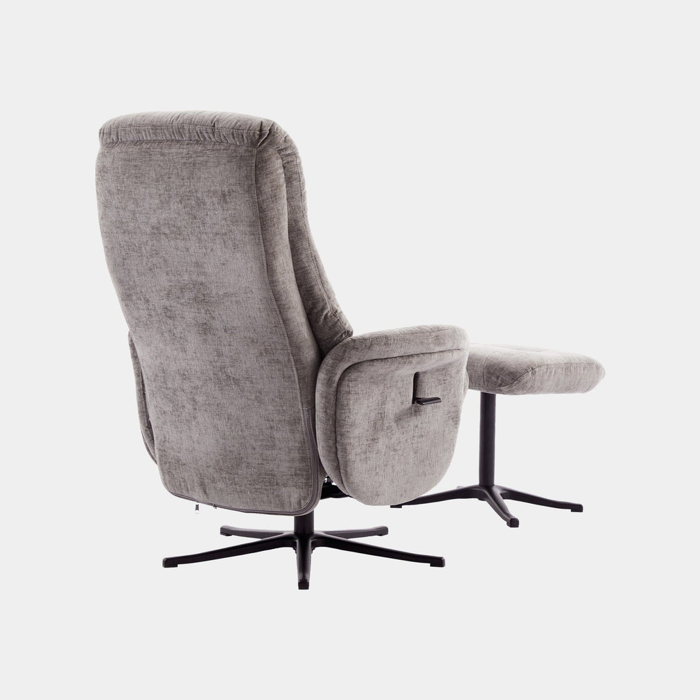 Alberta - Swivel Recliner Chair & Stool In Fabric Ash, Black Base