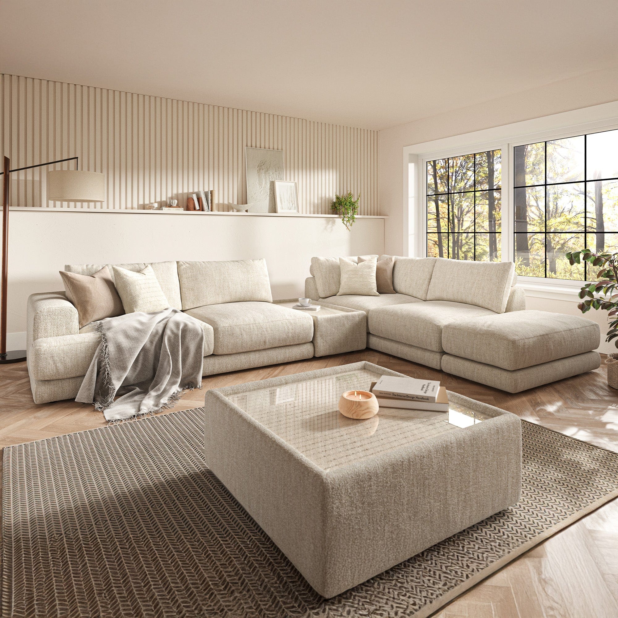 Linear - Large LHF Corner Group With Rectangular Glass Top Table In Fabric