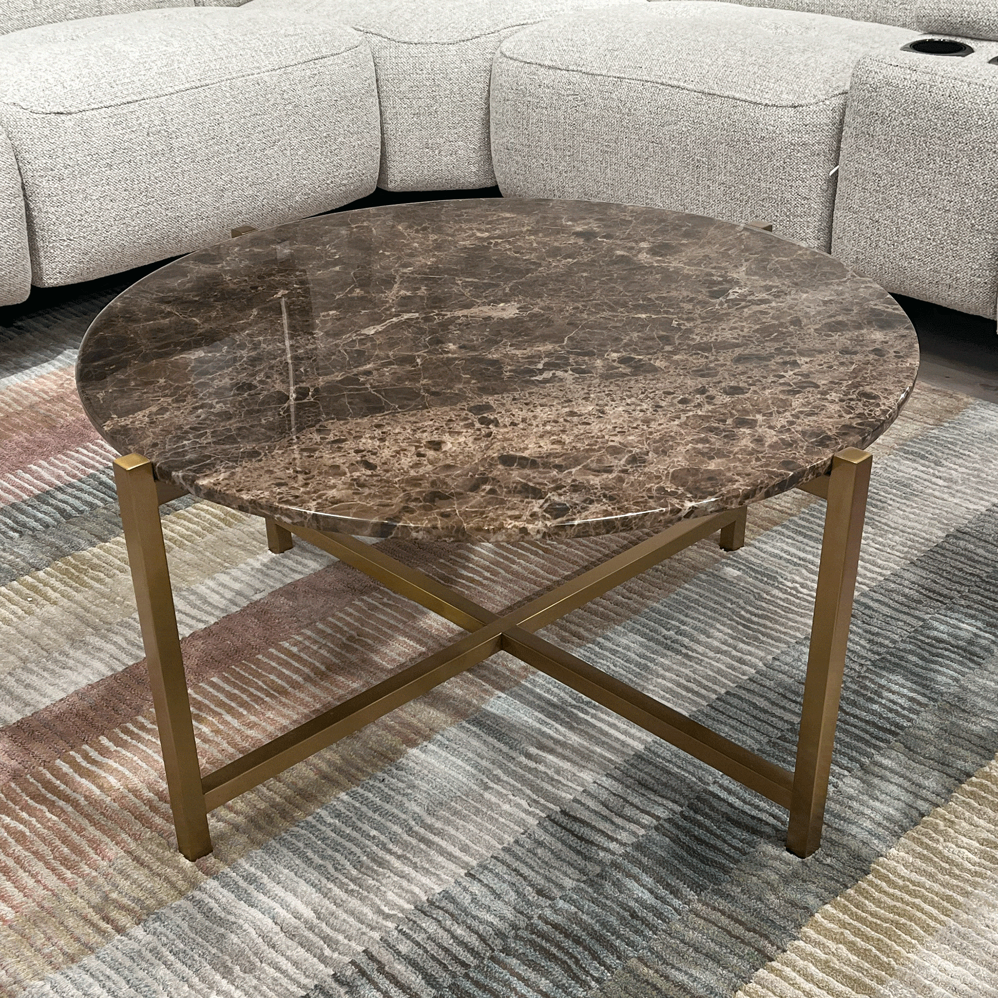 Venice Circular Coffee Table Dark Emporador Top Brushed Brass Base
