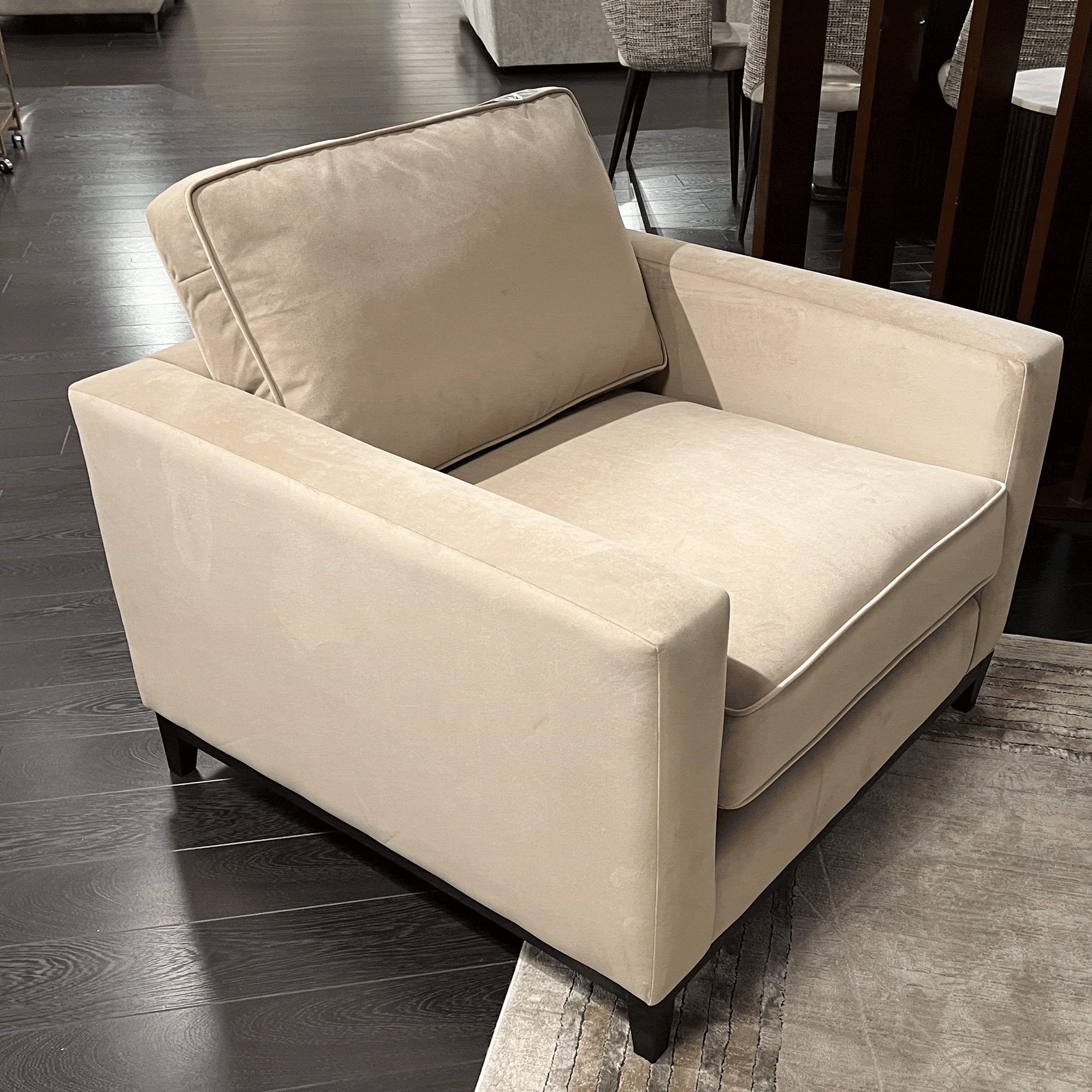 Renoir Chair In Fabric - Item As Pictured In plush mushroom With Wenge Plinth.