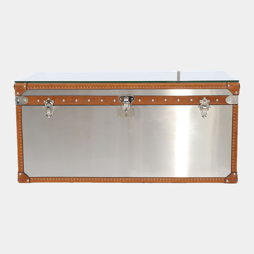 Large Stainless Steel Trunk With Leather Details And Glass Top